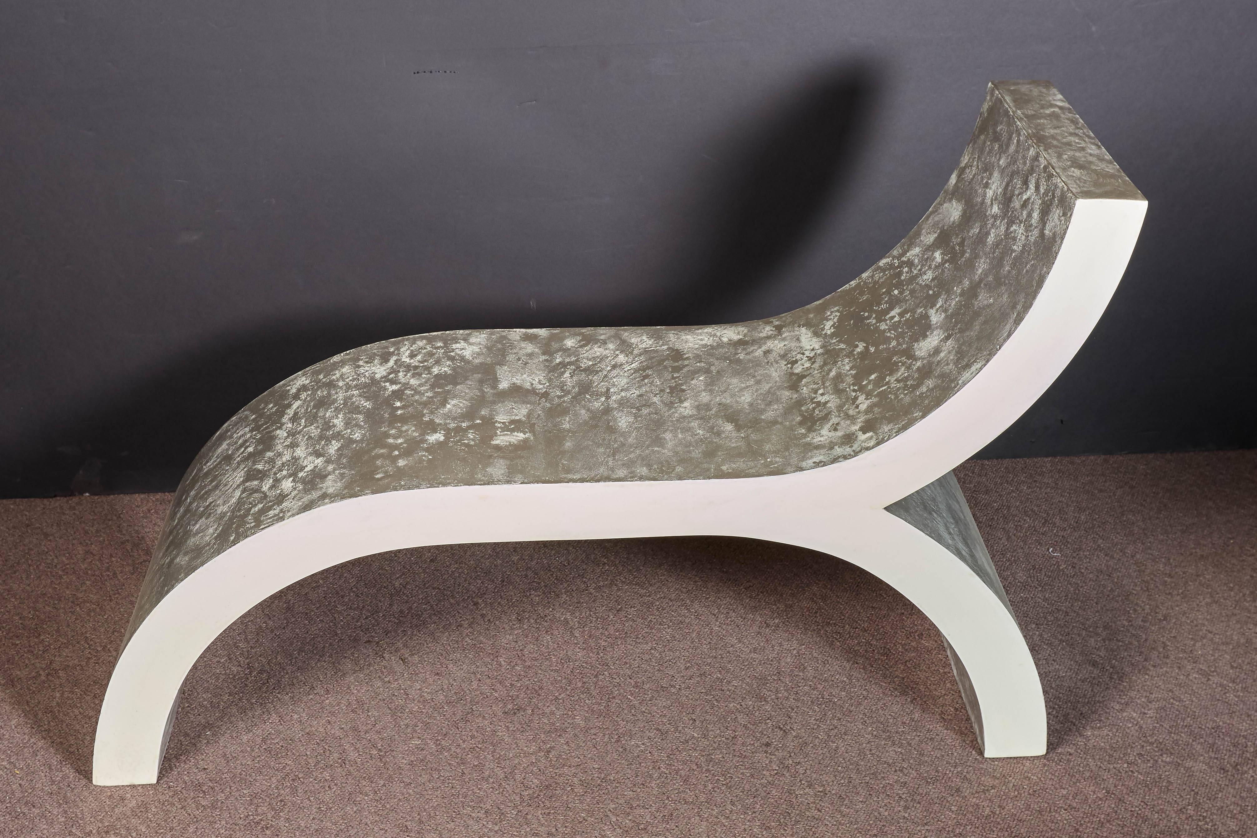 A fabulous and unusual curvilinear, abstract designed Modernist bench, recamier, daybed, chair, stool in white lacquer with cloud like patterns in silver. The color of the finish is a creamy white lacquer with warm satin platinum -silver