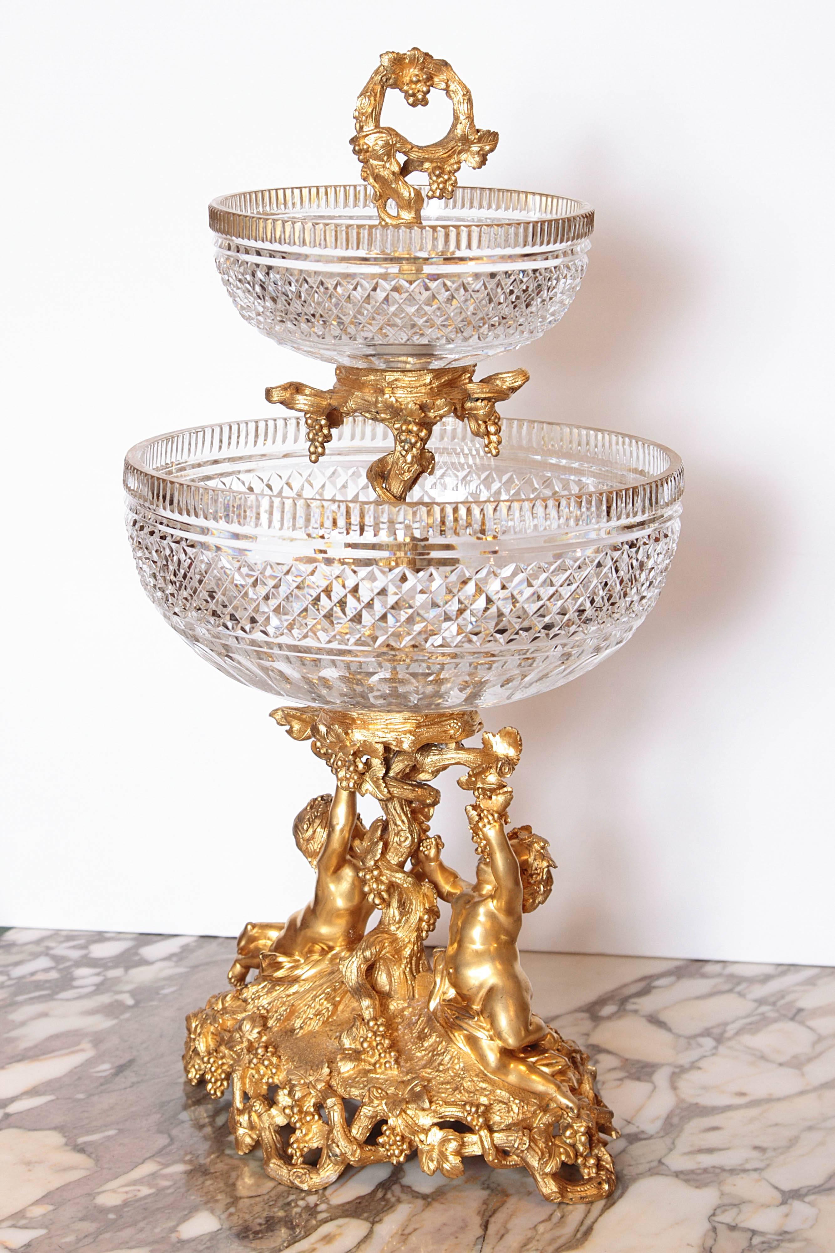 19th century French cherub gilt bronze centrepiece with Baccarat bowls stamped Picard.