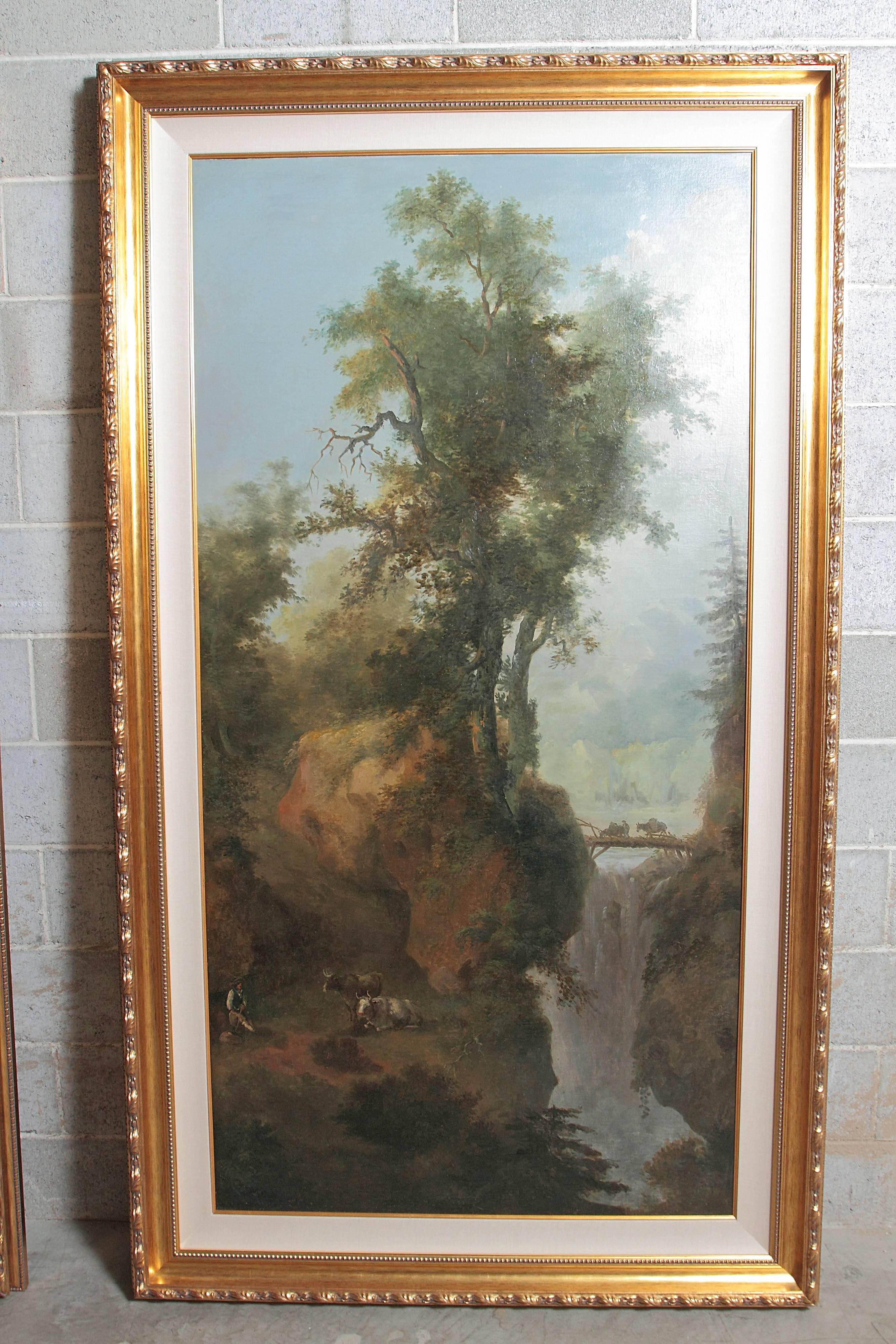 Pair of 19th century beautiful Continental large oil on canvas landscapes. Framed in a French Louis XVI gilt frame.