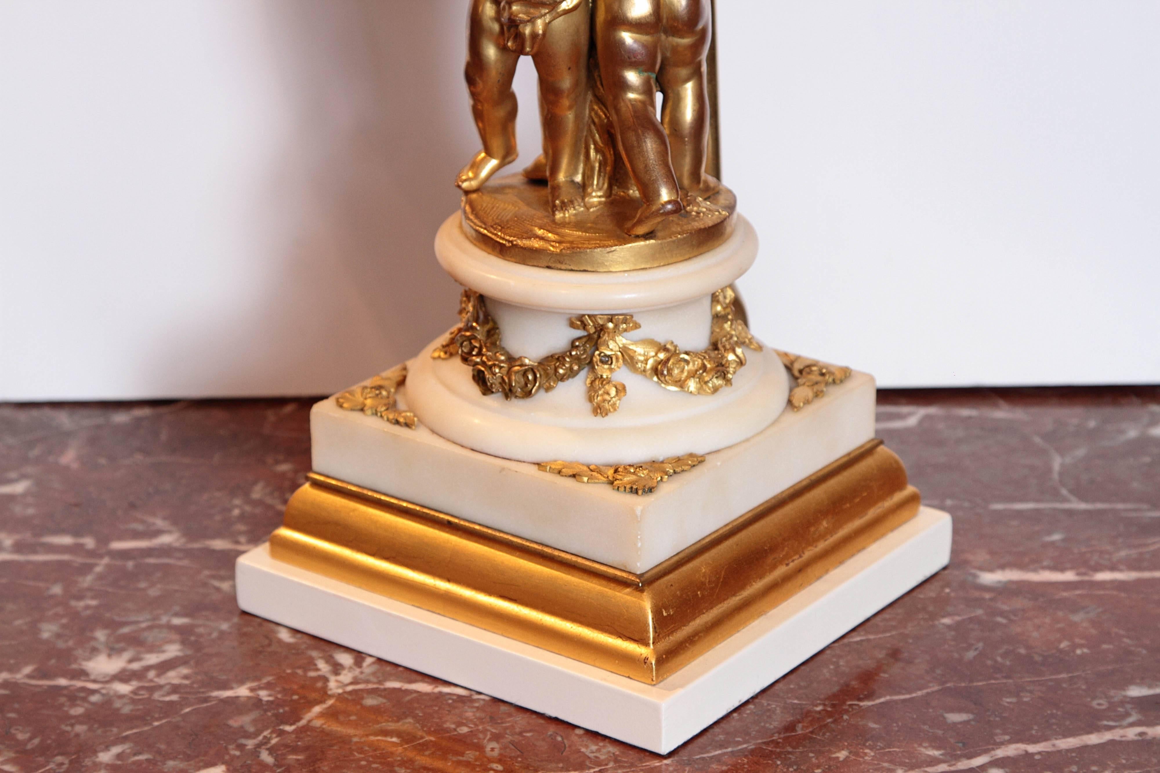 Louis Philippe Pair of 19th Century French Gilt Bronze and Marble Based Cherub Lamps