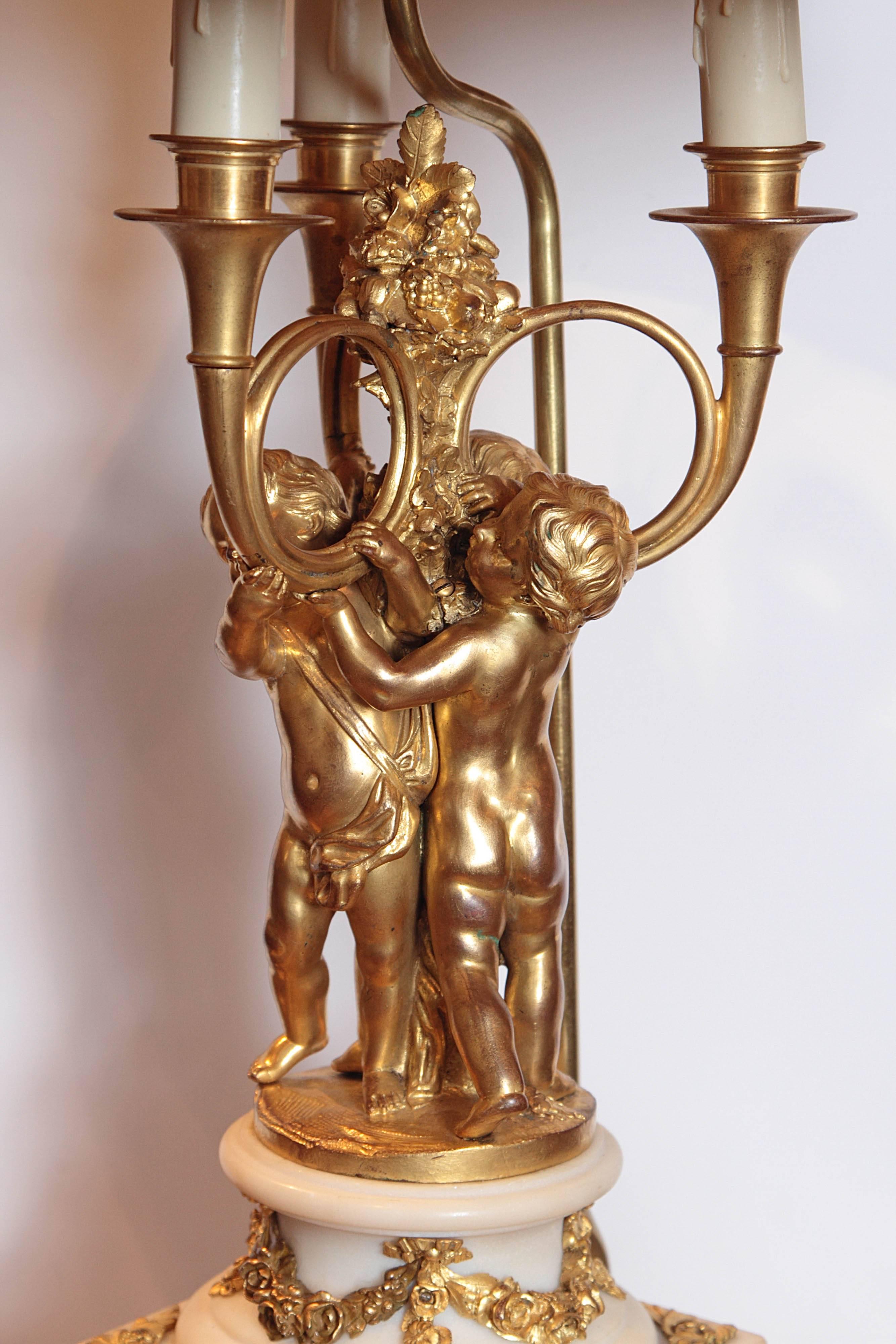 Pair of 19th Century French Gilt Bronze and Marble Based Cherub Lamps In Excellent Condition In Dallas, TX