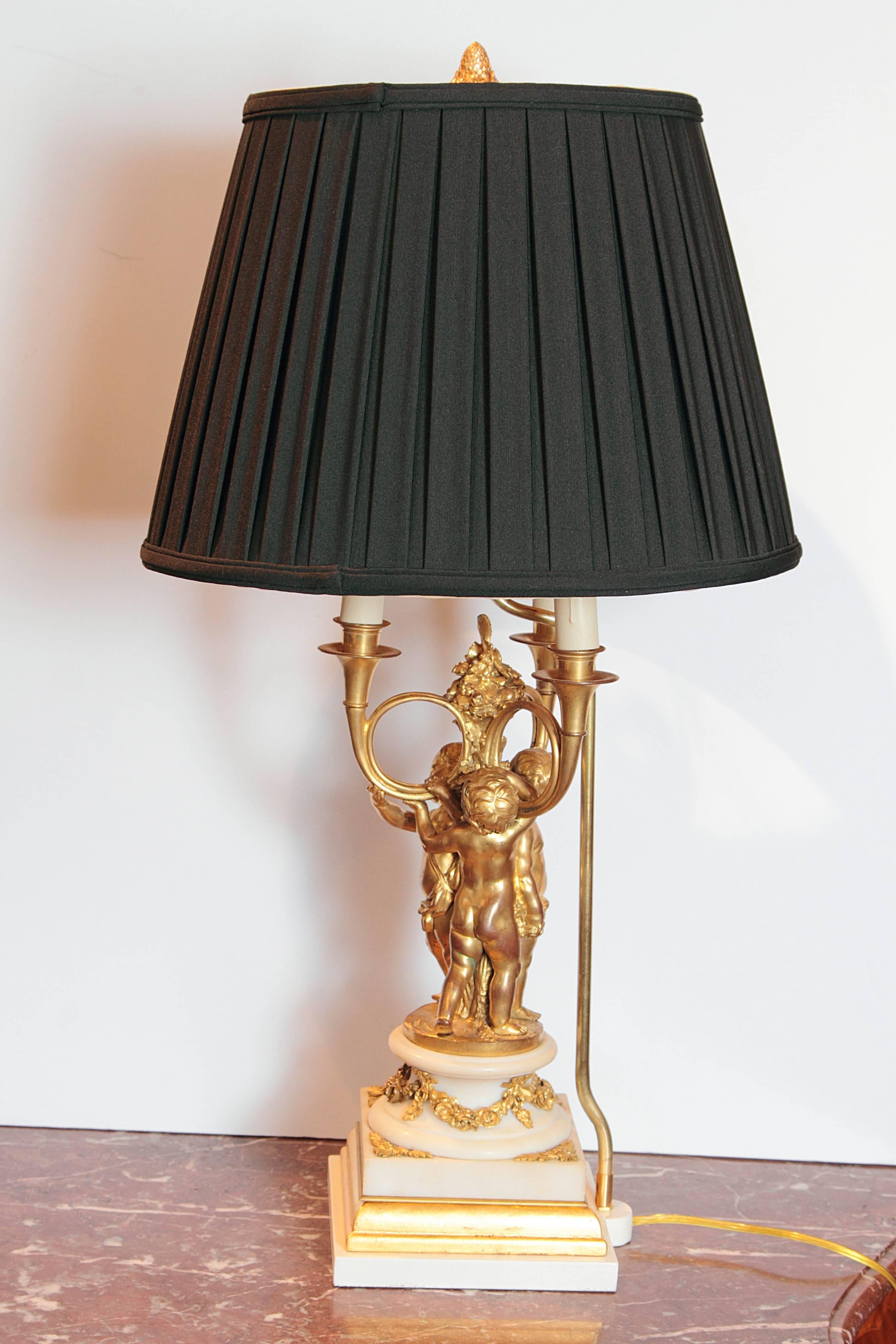 Pair of 19th Century French Gilt Bronze and Marble Based Cherub Lamps 1