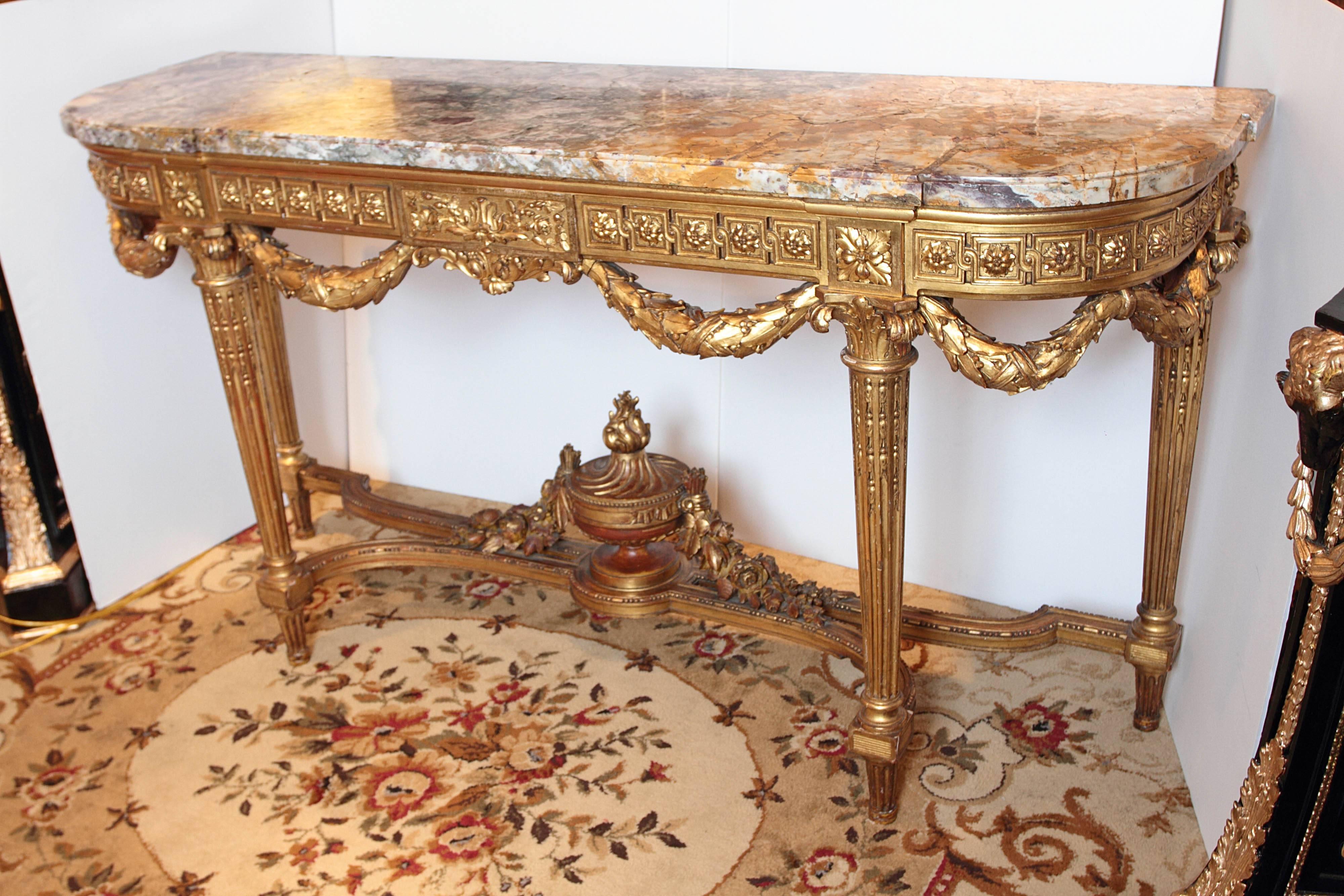 19th Century French Louis XVI Gilt Carved Marble Top Louis XVI Console  In Good Condition In Dallas, TX