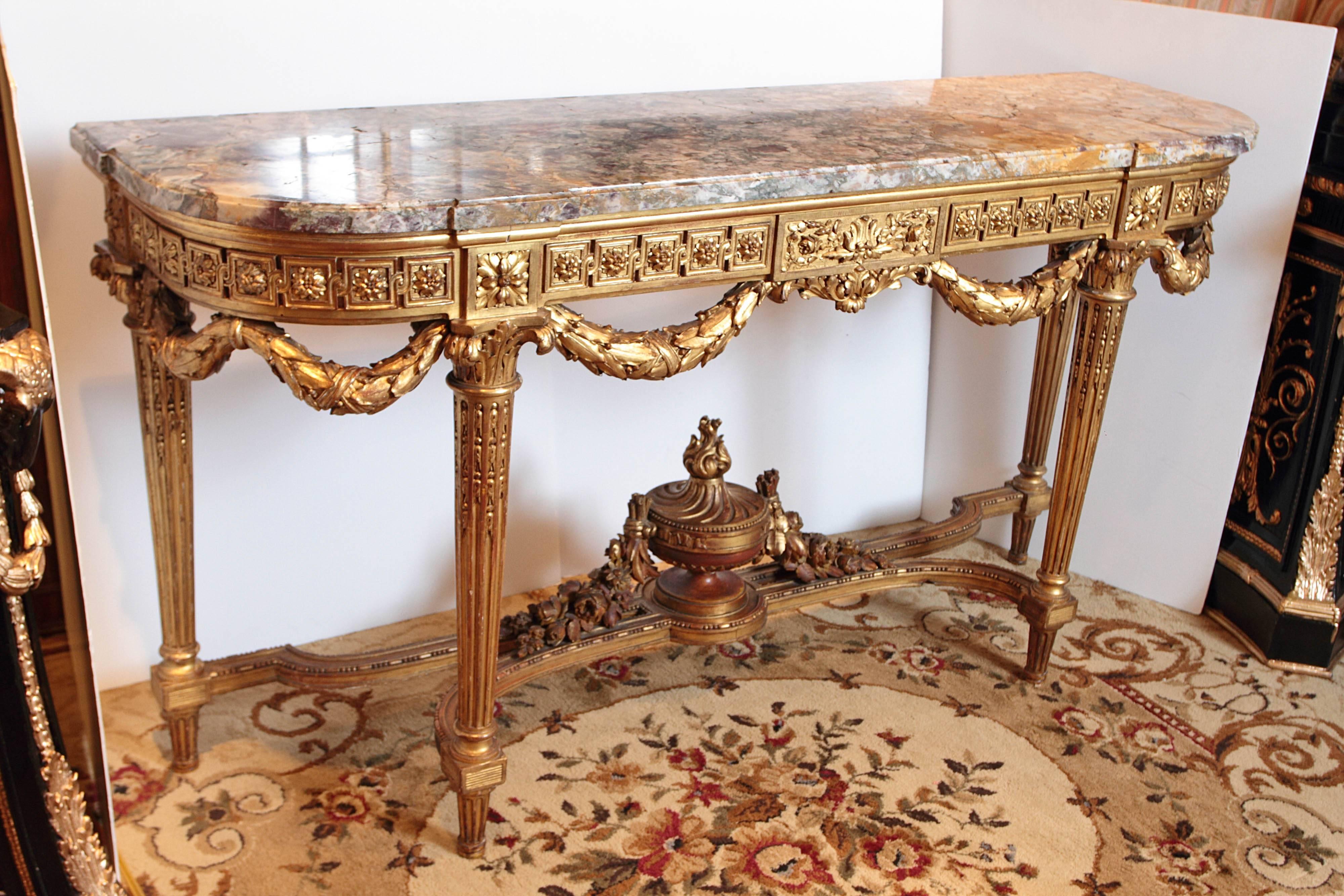 Giltwood 19th Century French Louis XVI Gilt Carved Marble Top Louis XVI Console 