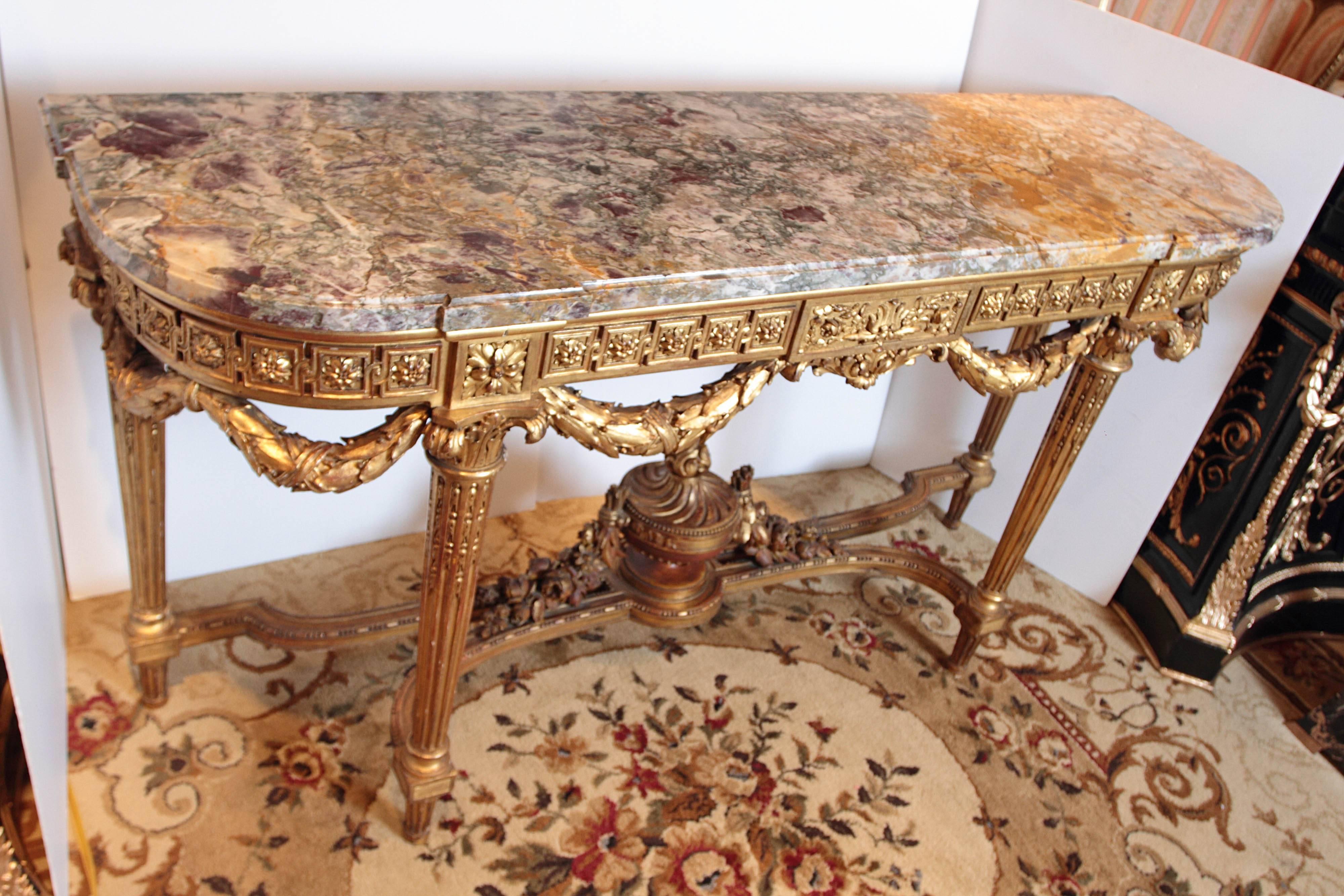 19th Century French Louis XVI Gilt Carved Marble Top Louis XVI Console  1