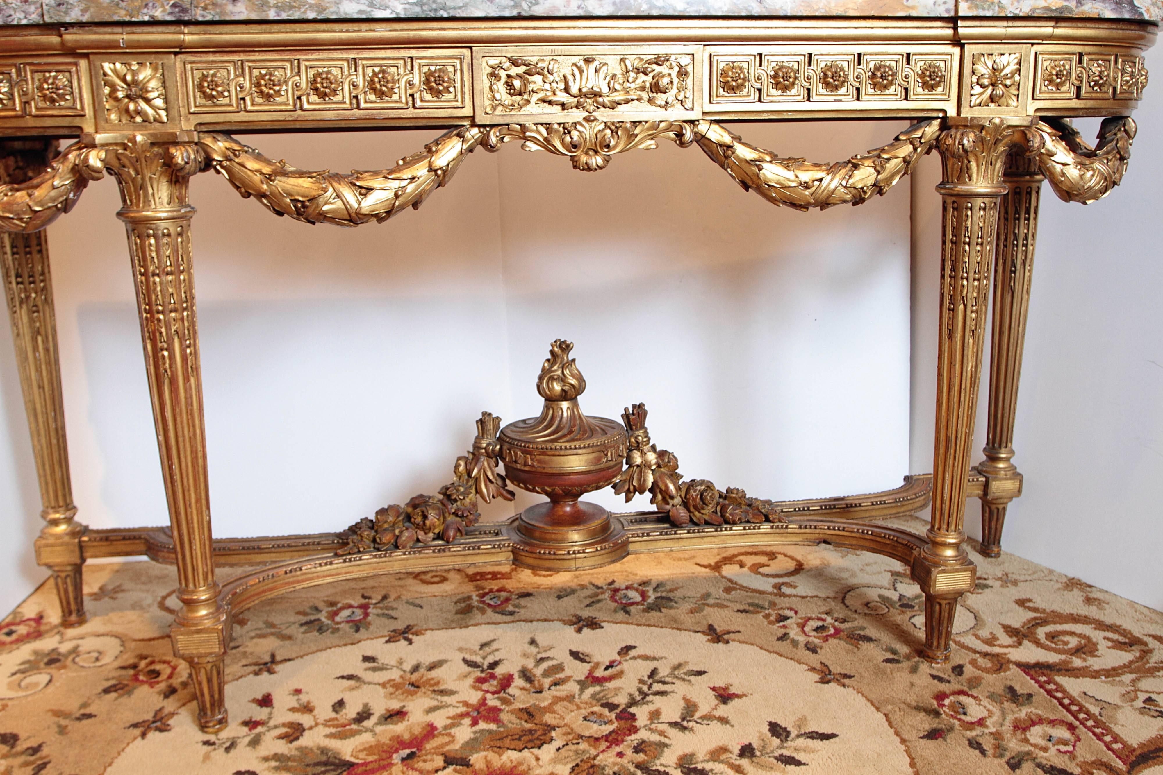 19th Century French Louis XVI Gilt Carved Marble Top Louis XVI Console  2