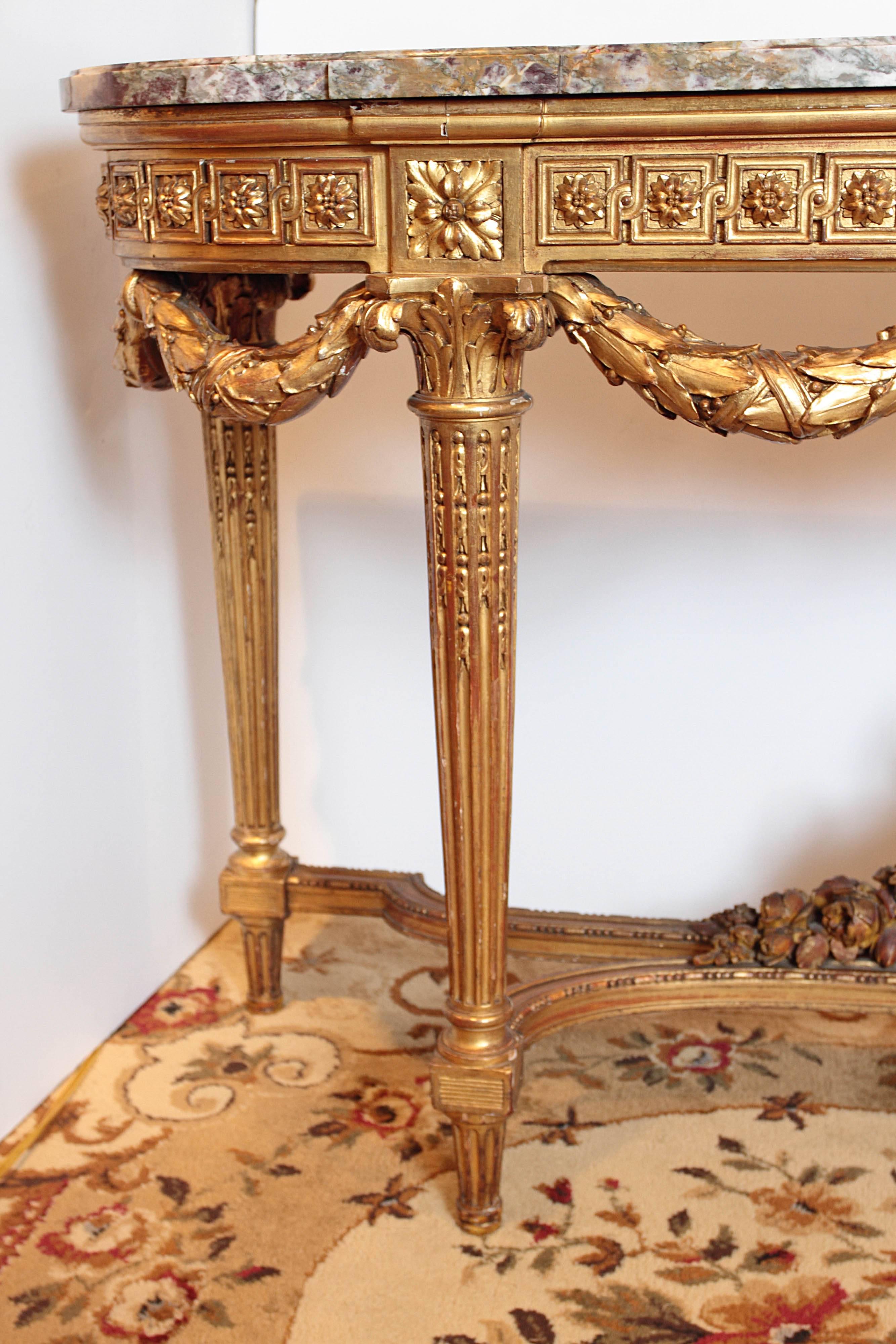 19th Century French Louis XVI Gilt Carved Marble Top Louis XVI Console  4