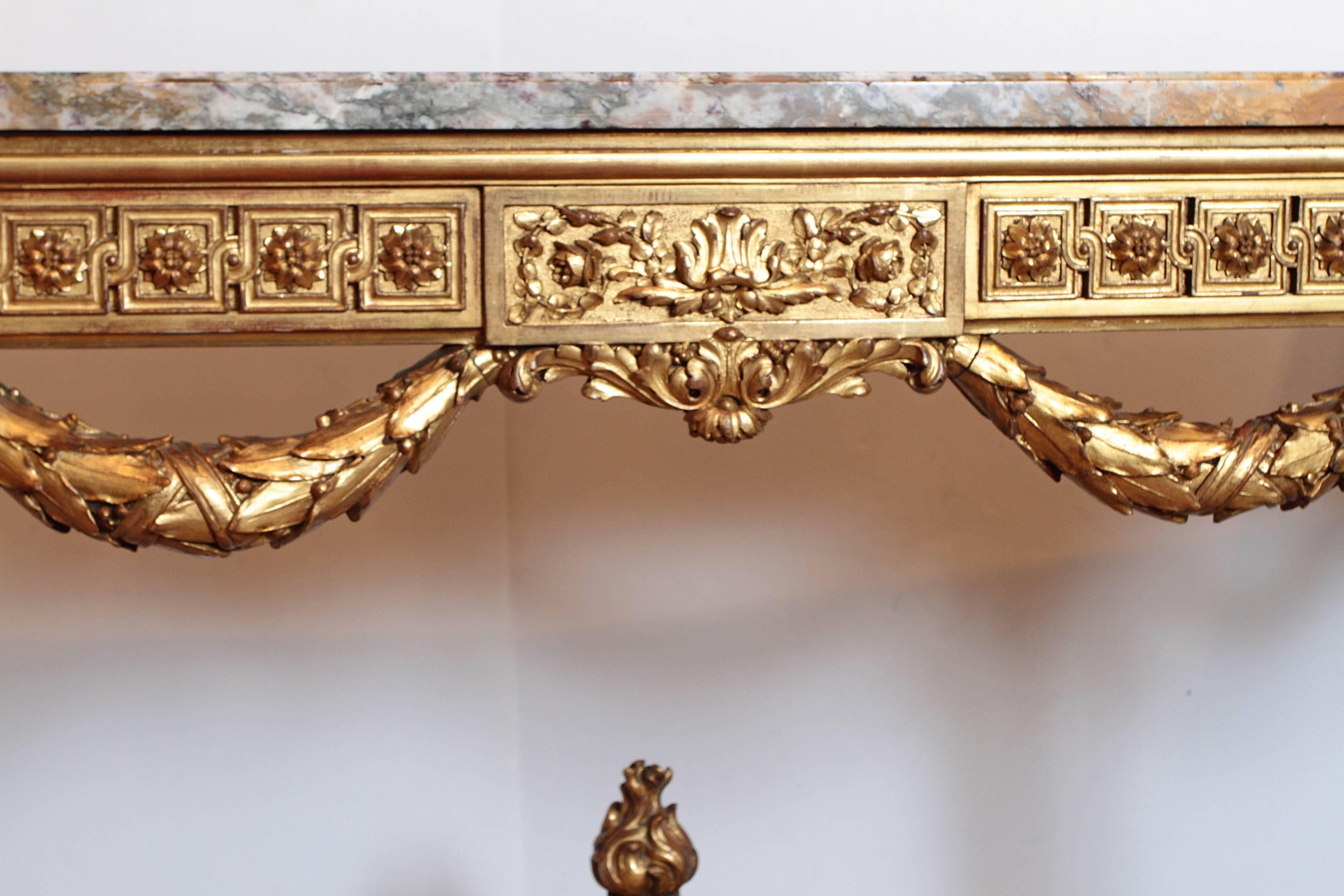 19th Century French Louis XVI Gilt Carved Marble Top Louis XVI Console  5