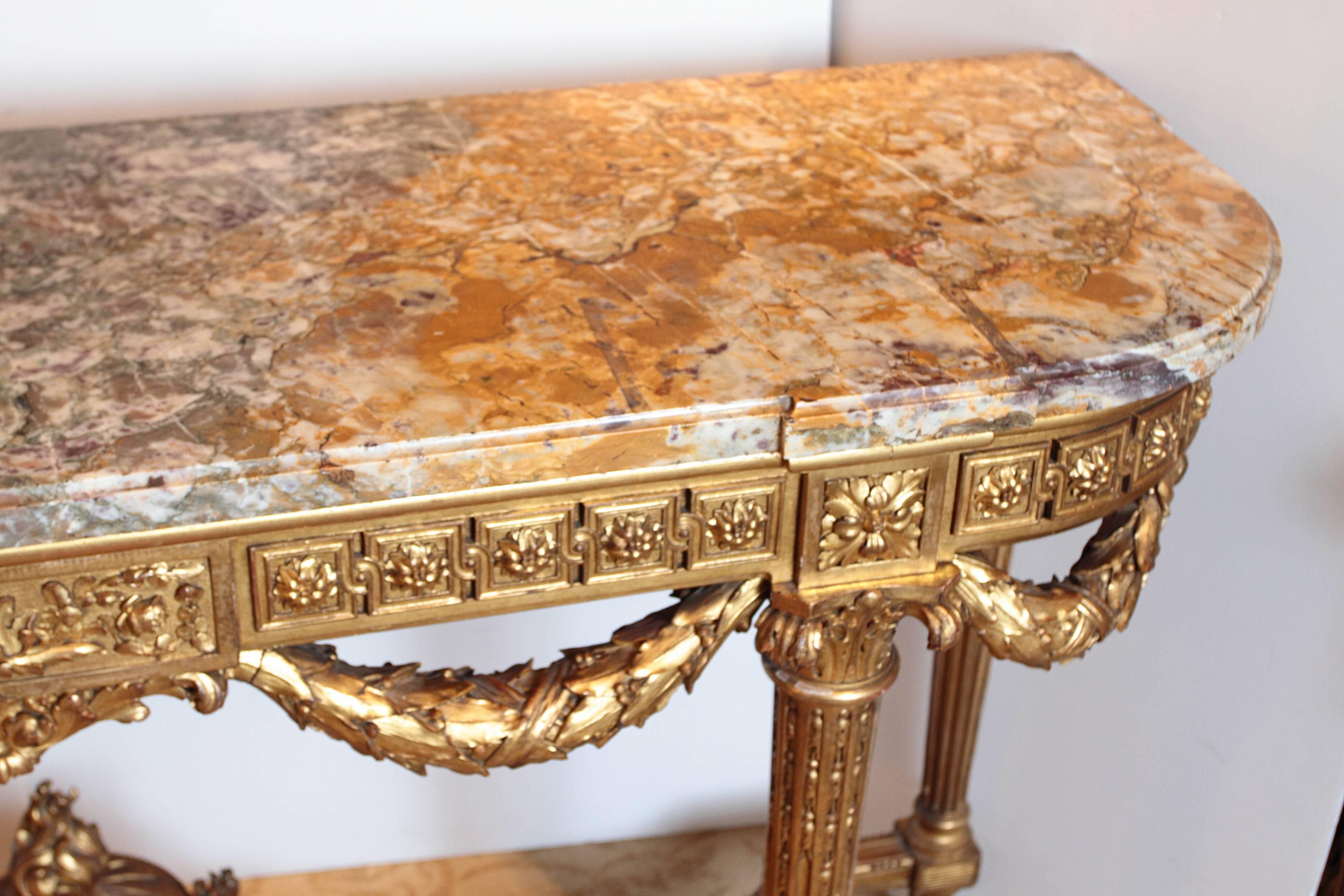19th Century French Louis XVI Gilt Carved Marble Top Louis XVI Console  6