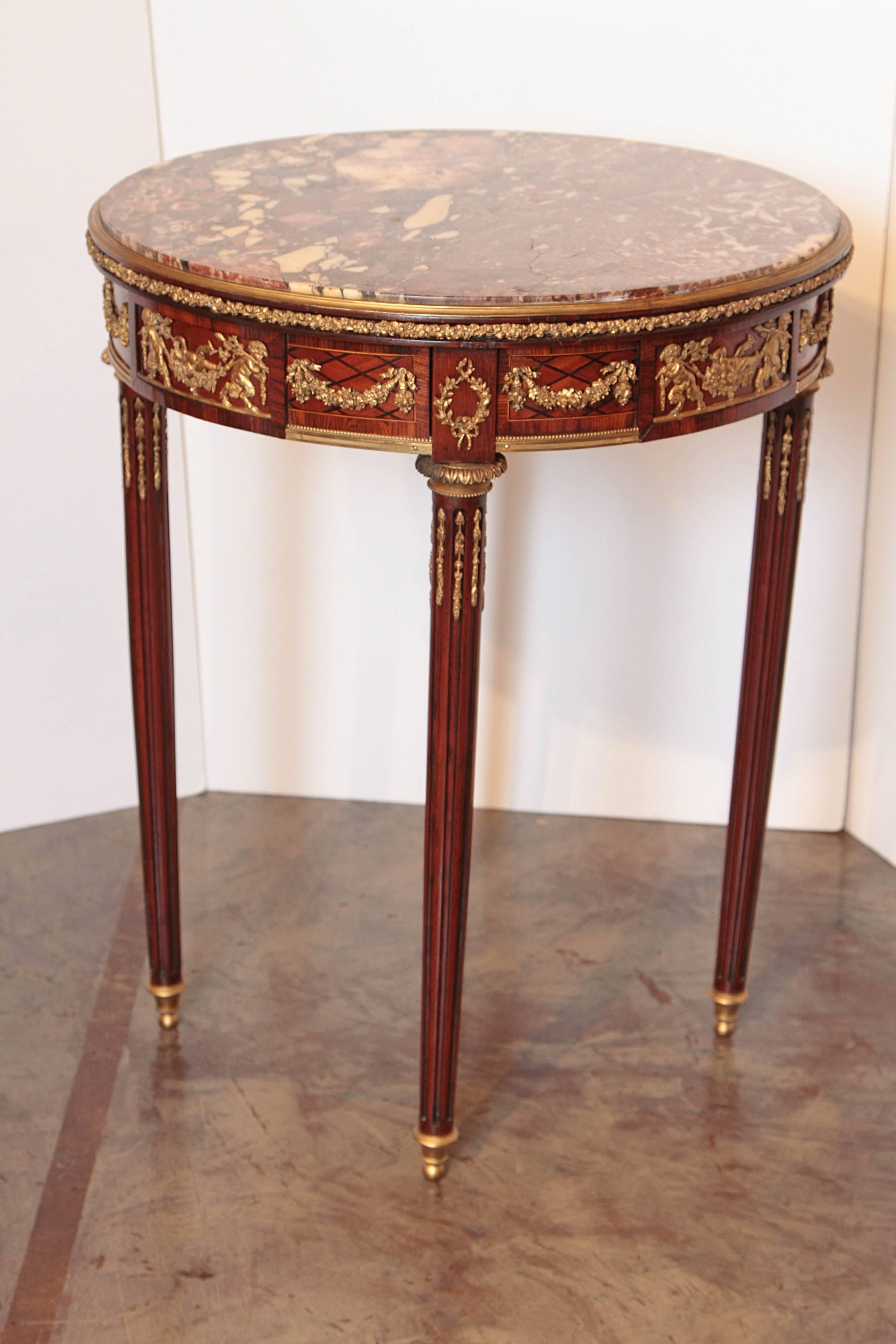 European 19th Century French Mahogany and Gilt Bronze Marble Top Gueridon Table For Sale