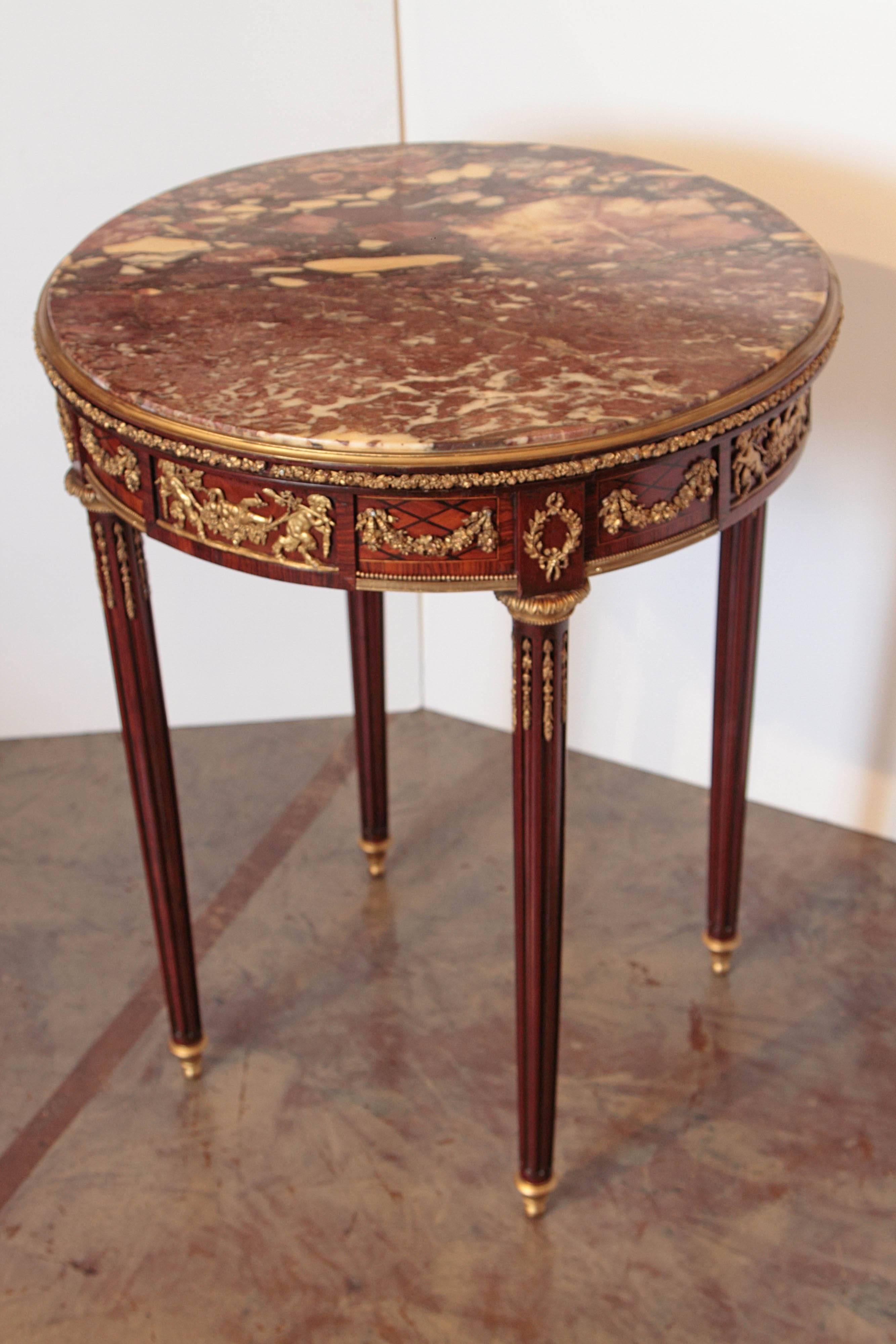 19th Century French Mahogany and Gilt Bronze Marble Top Gueridon Table For Sale 1