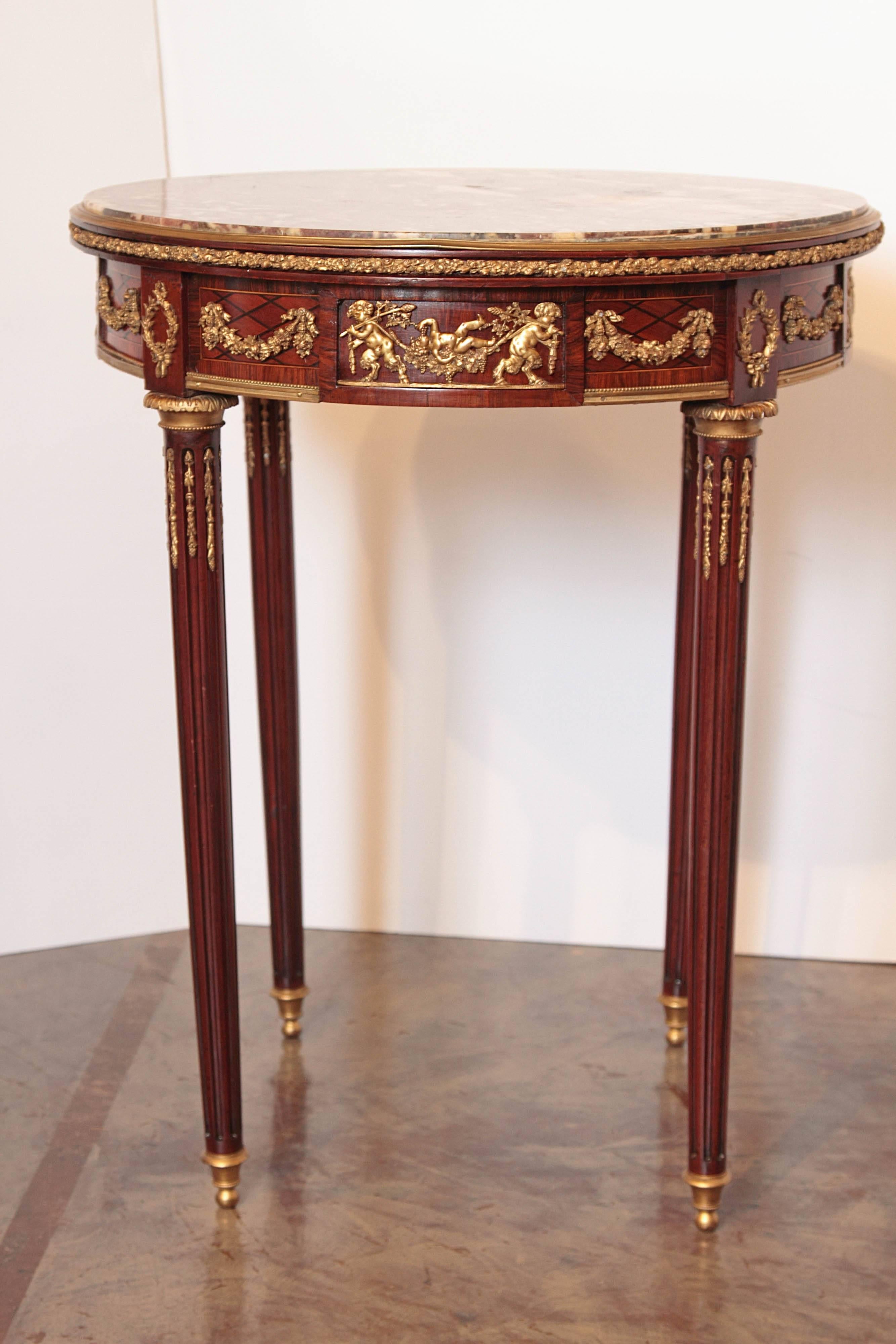 19th Century French Mahogany and Gilt Bronze Marble Top Gueridon Table For Sale 3