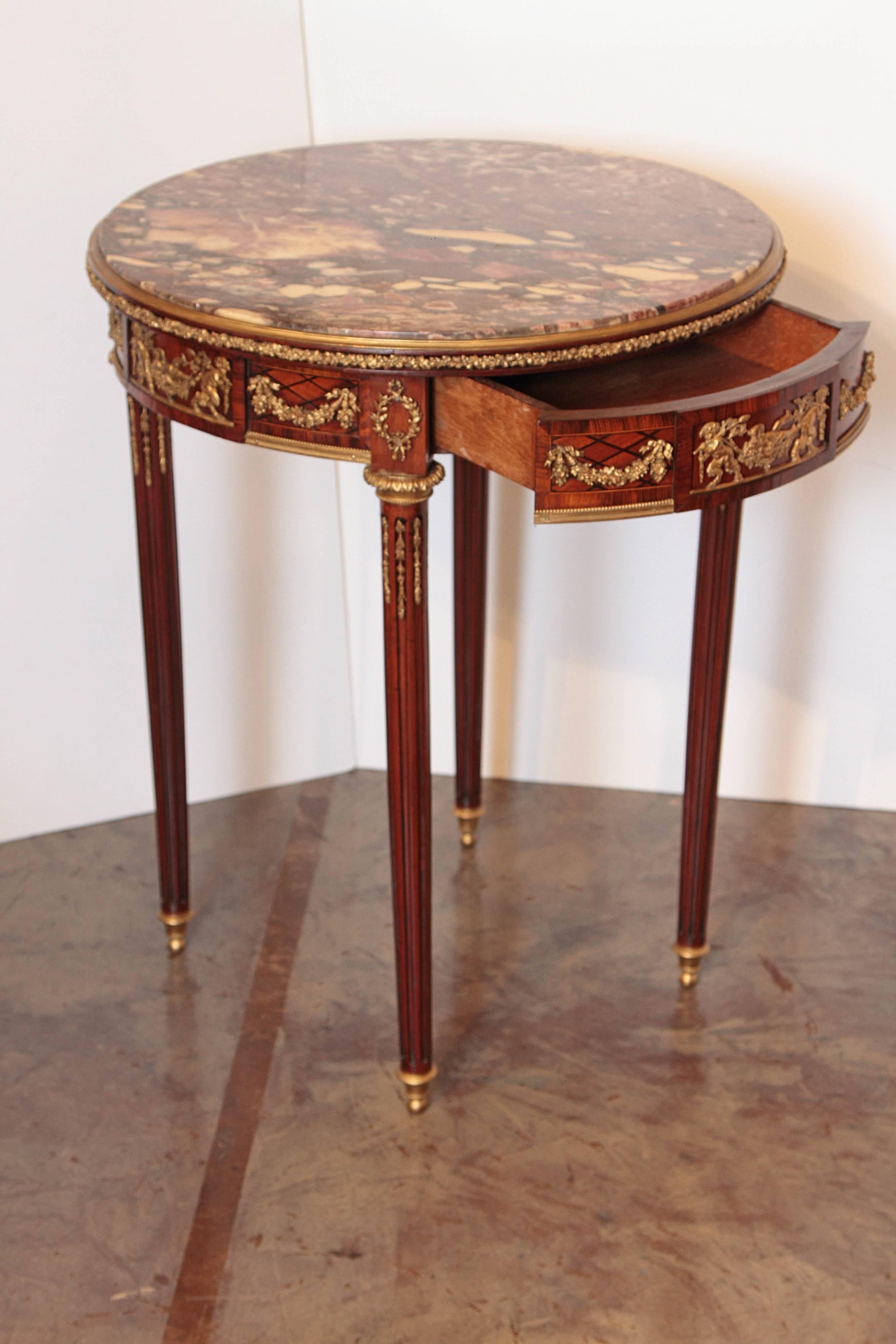 19th Century French Mahogany and Gilt Bronze Marble Top Gueridon Table For Sale 4