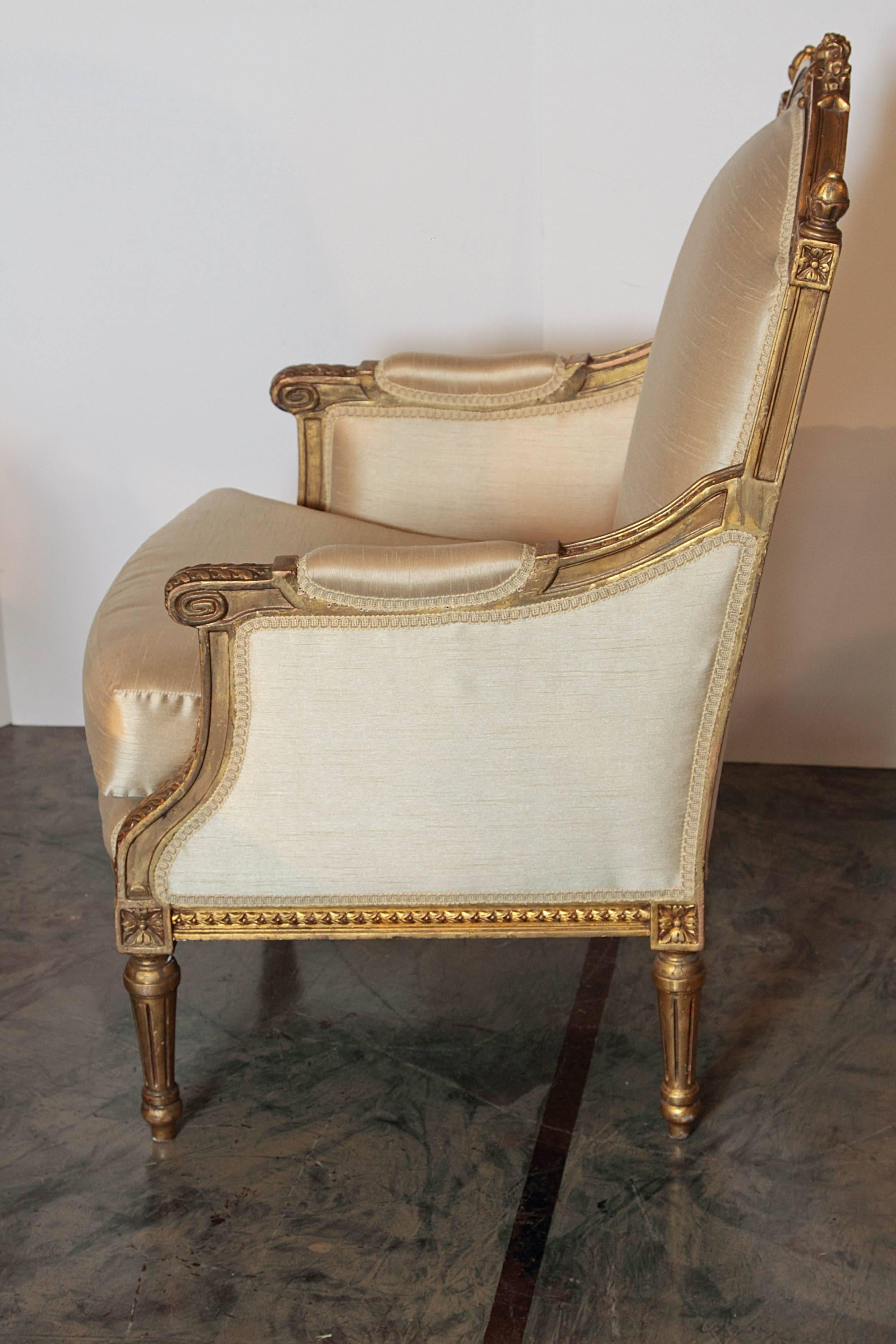 Pair of Late 19th Century French Gilt Carved Louis XVI Bergeres In Excellent Condition In Dallas, TX