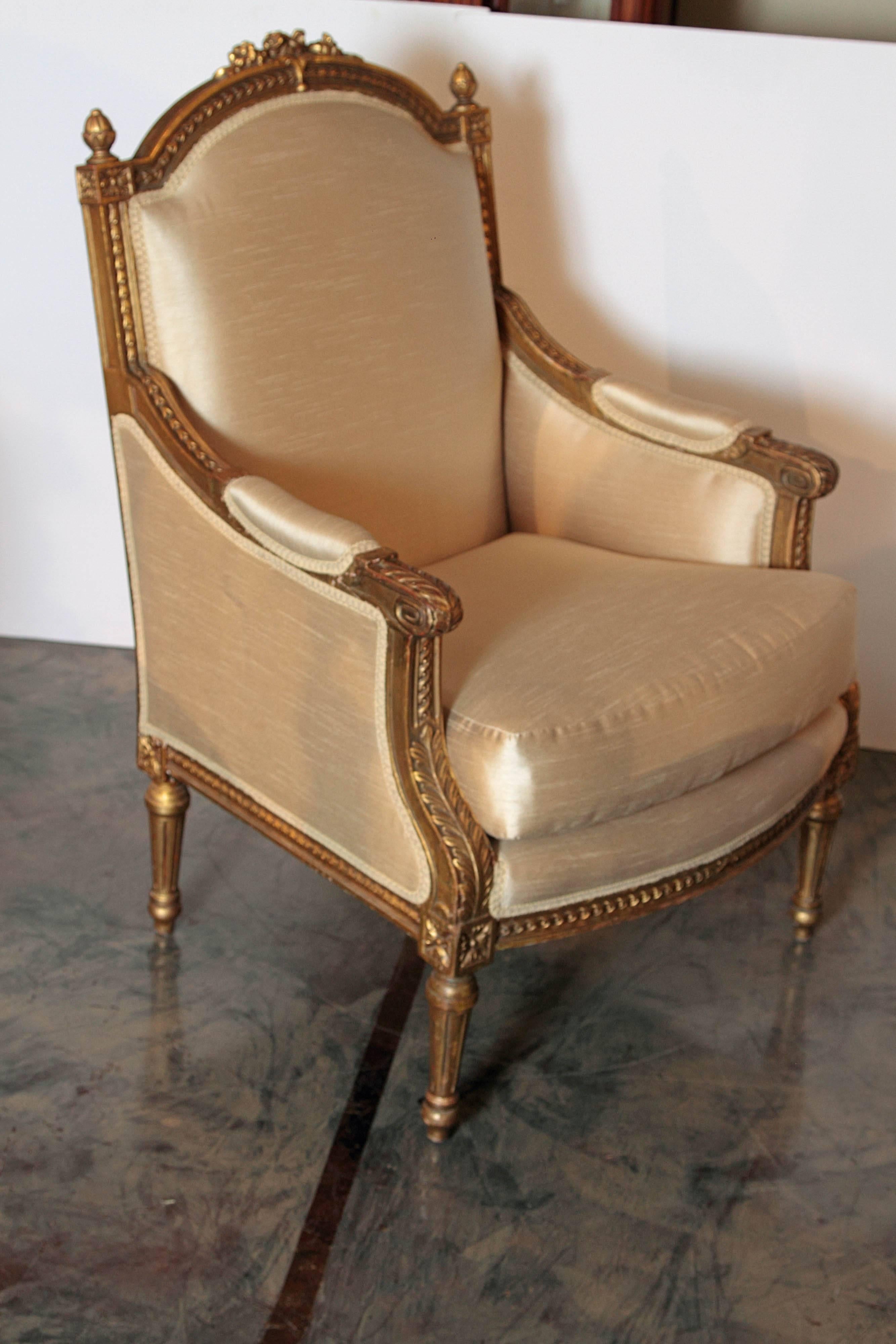 Pair of Late 19th Century French Gilt Carved Louis XVI Bergeres 6