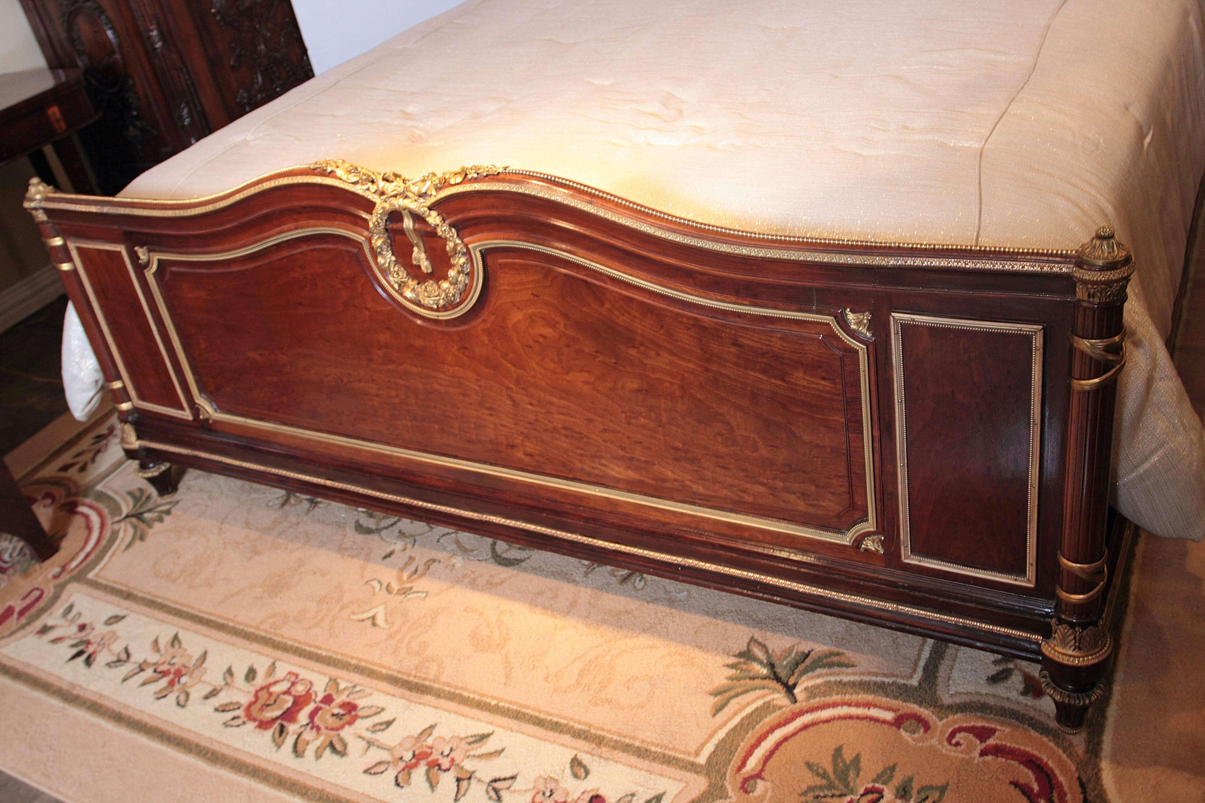 19th Century French Louis XVI King Size Mahogany and Gilt Bronze Bed In Excellent Condition In Dallas, TX
