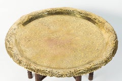 Anglo-Indian Engraved Round Polished Brass Tray Coffee Table on Wooden Stand