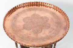 Middle Eastern Syrian Antique Brass Tray Table with Wooden Folding Stand