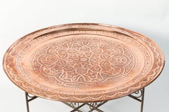 Moroccan Round Metal Brass Tray Table on Iron Folding Base