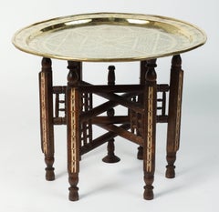 Middle Eastern Syrian Antique Brass Tray Table with Wooden Folding Stand