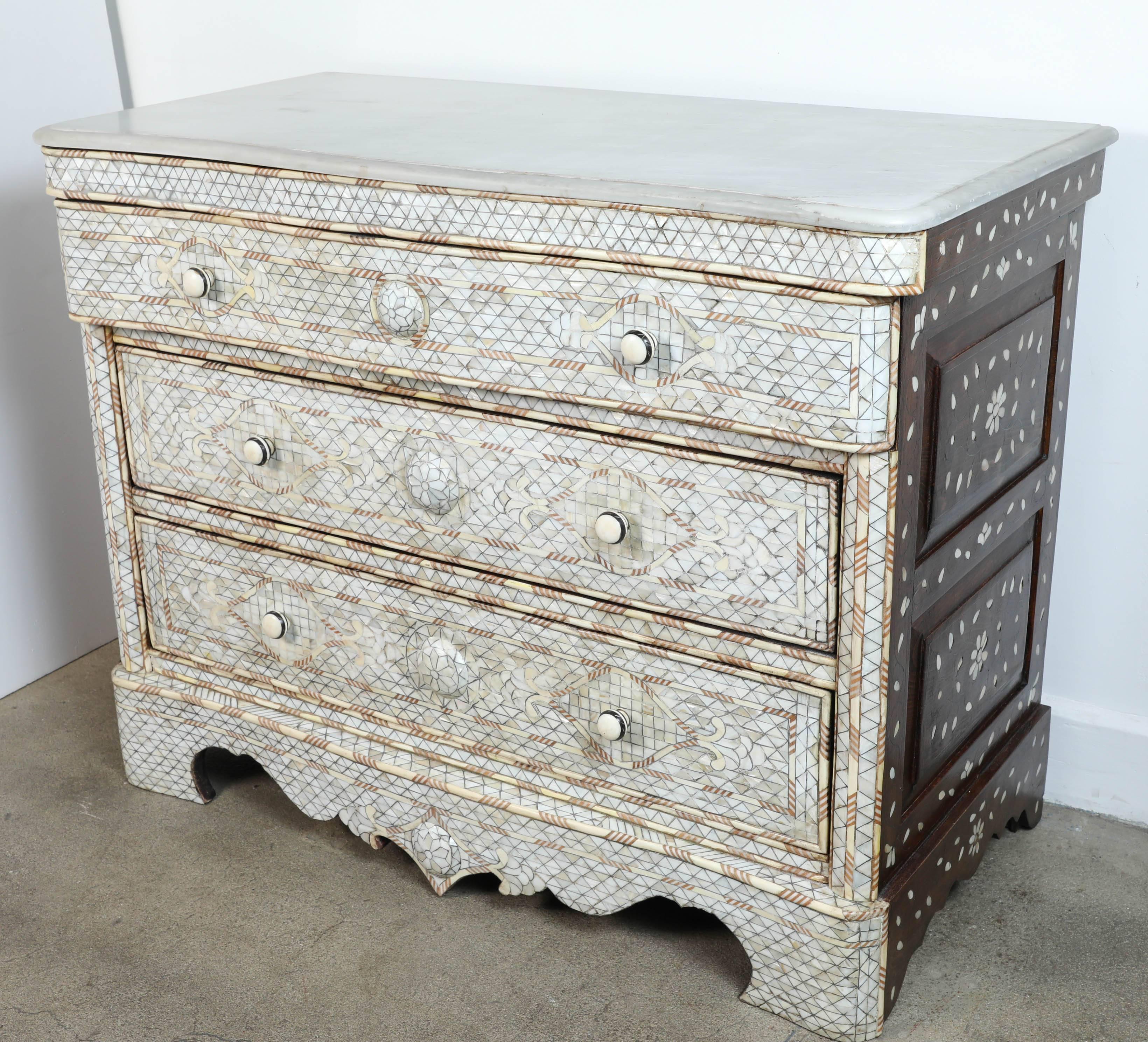 20th Century Pair of Syrian White Mother-of-Pearl Inlay Wedding Dressers