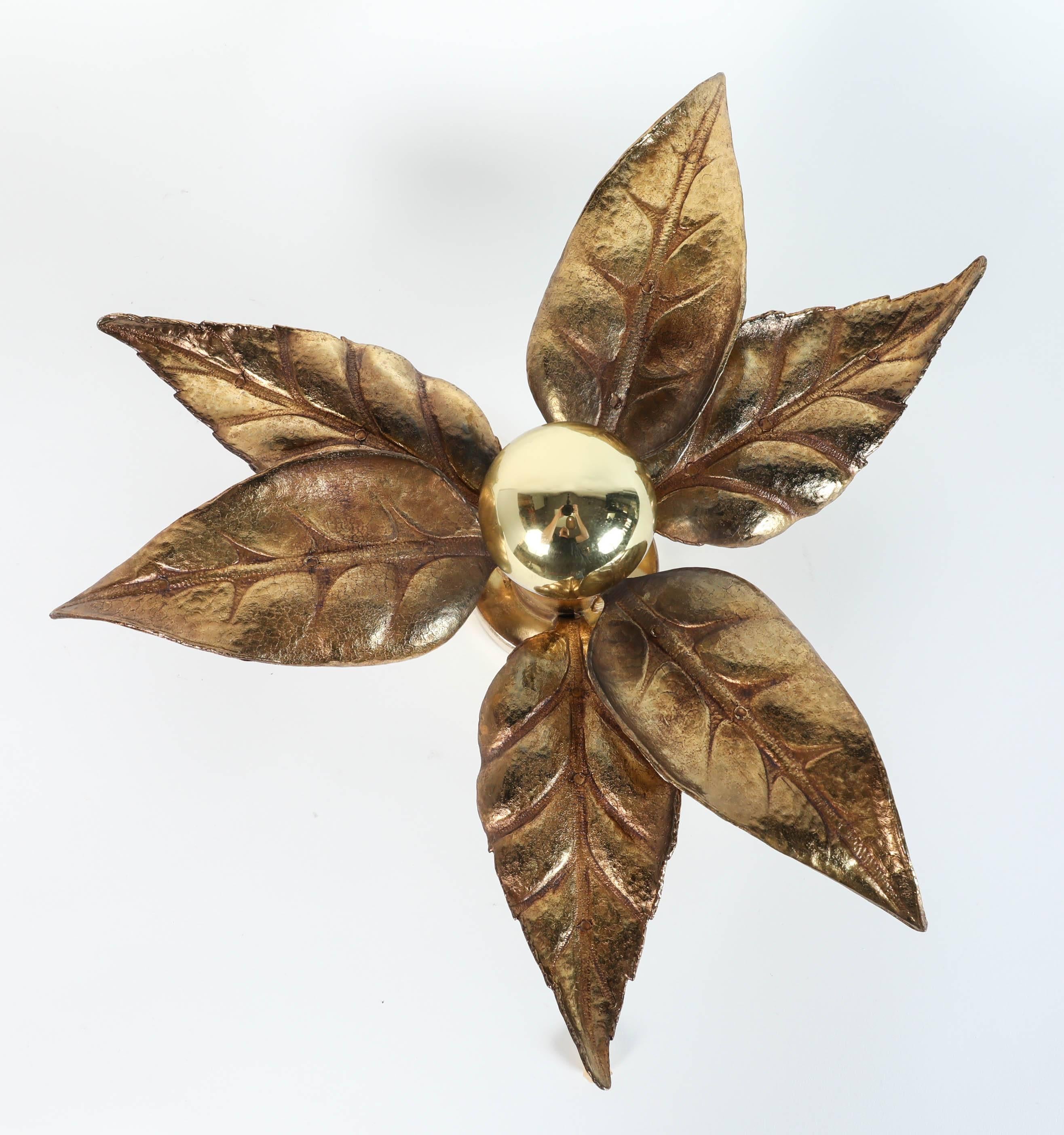 Hand-Crafted Willy Daro Leaf Shaped Brass Wall Lights for Massive, Belgium circa 1970s