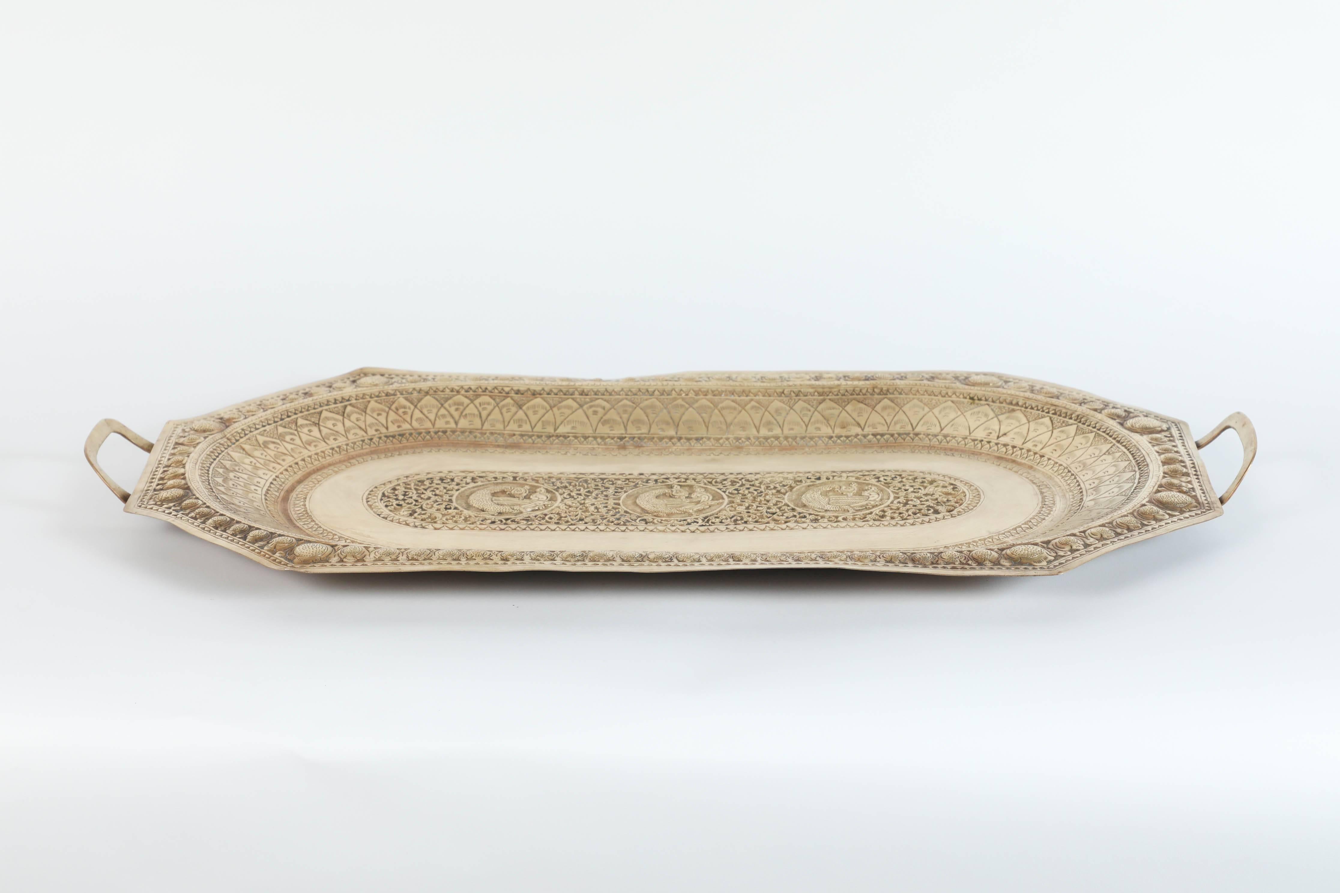 Indian Indo Persian Brass Charger Serving Tray For Sale
