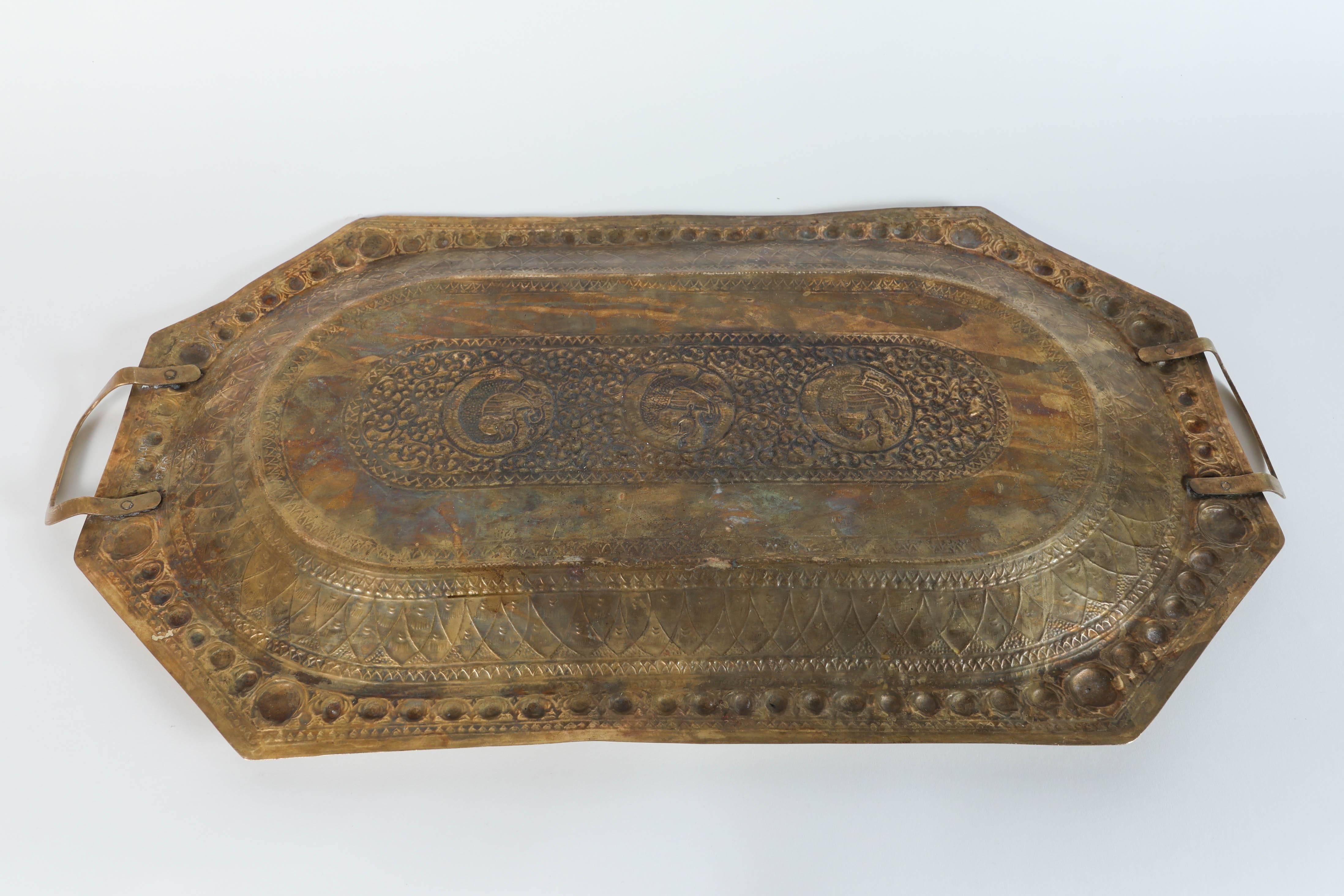Indo Persian Brass Charger Serving Tray In Good Condition For Sale In North Hollywood, CA