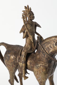 African Brass Sculpture of a Tribal Warrior on Horse