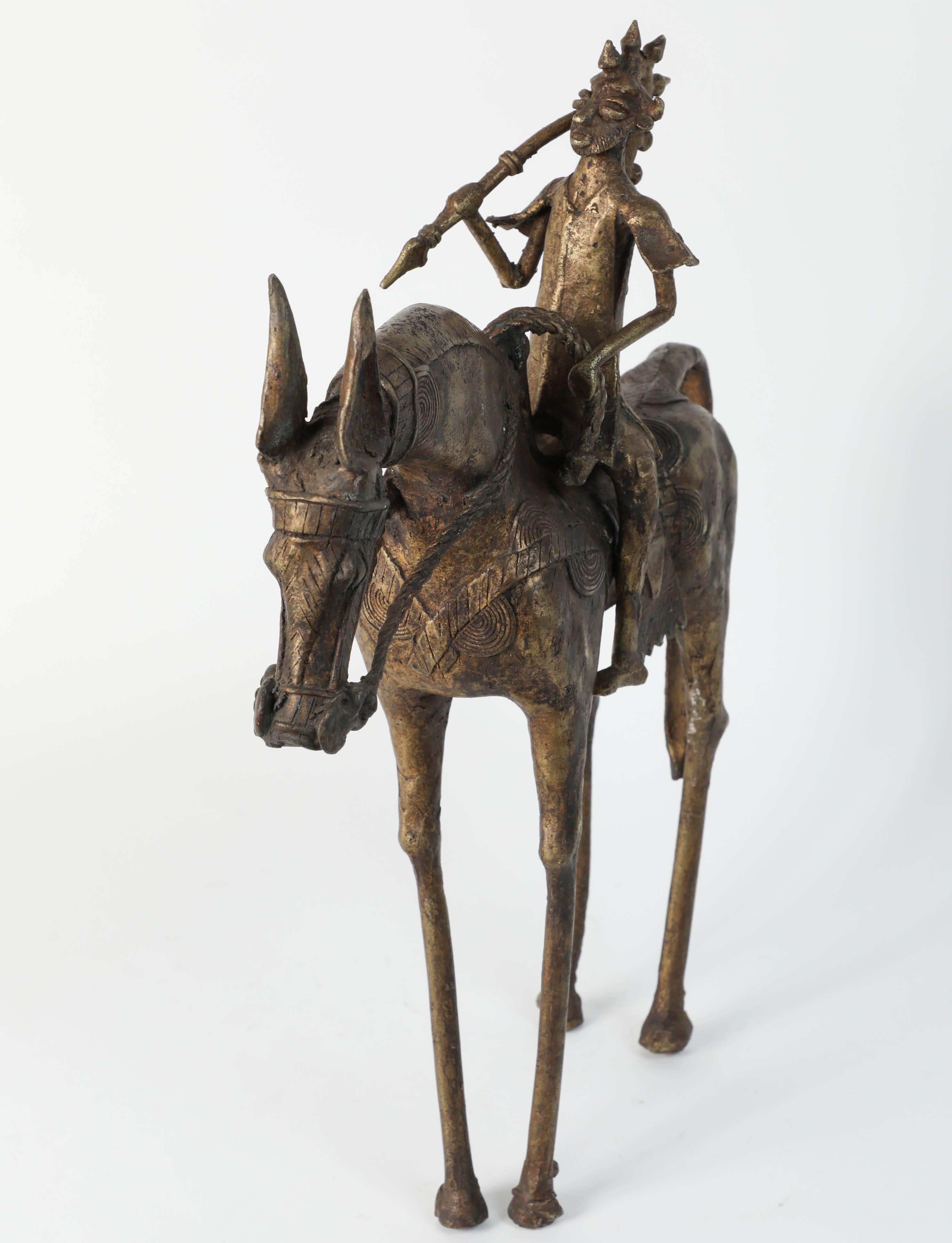 Cast African Brass Sculpture of a Tribal Warrior on Horse