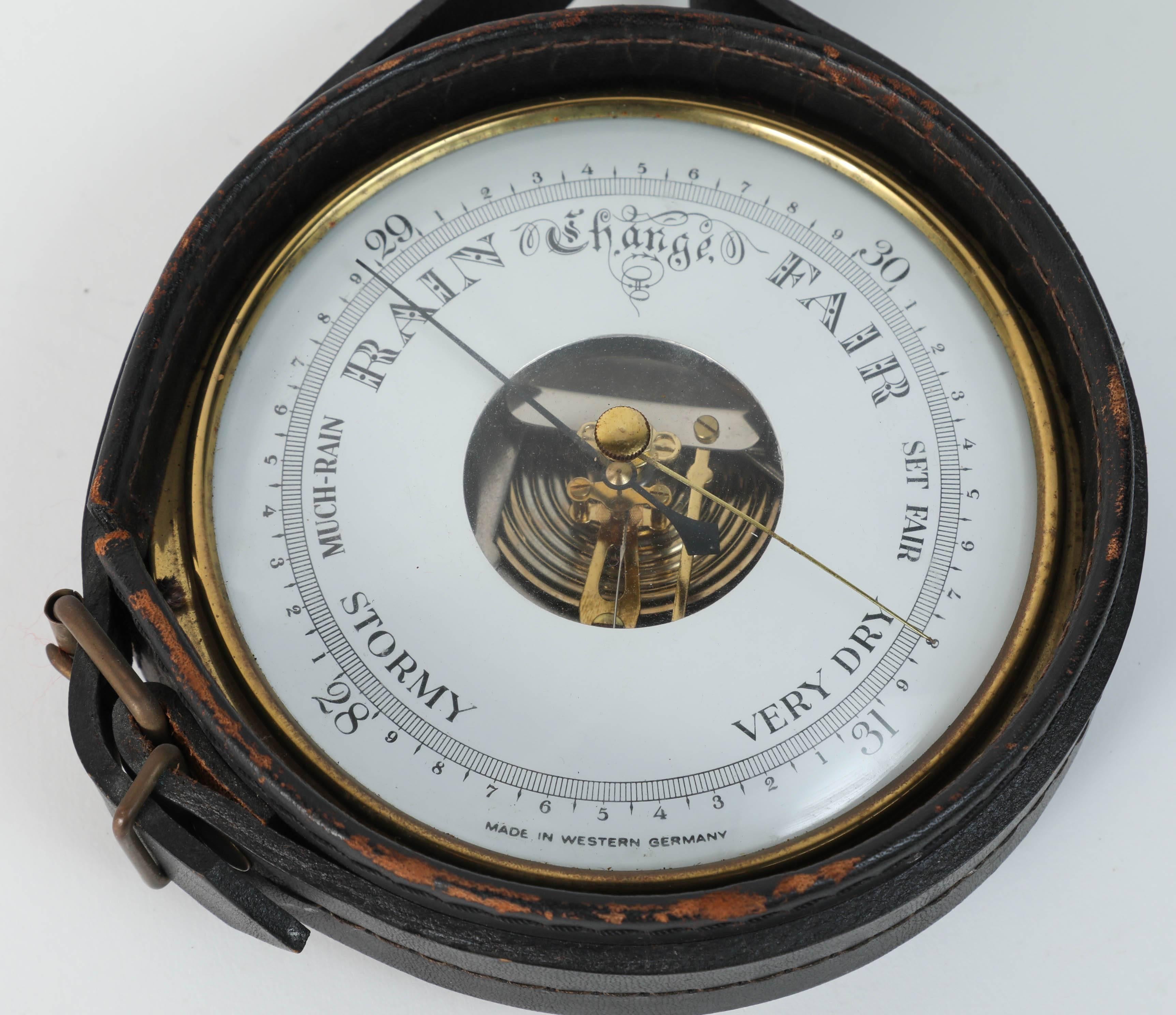 Hand-Crafted Vintage German Barometer Wrapped in Leather, Adnet Style For Sale