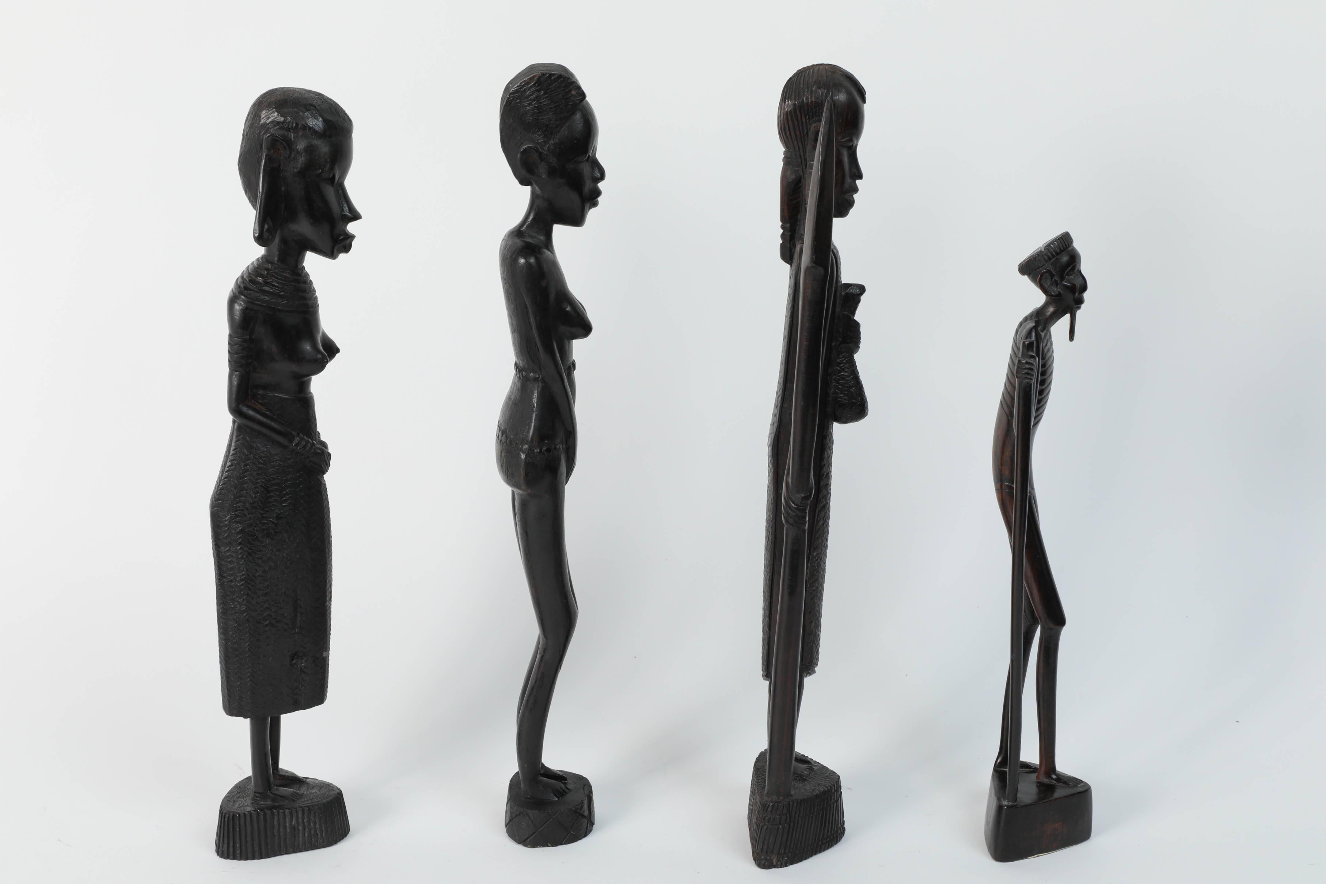 Ebony Decorative Hand-Carved African Set of Four Statues from Kenya
