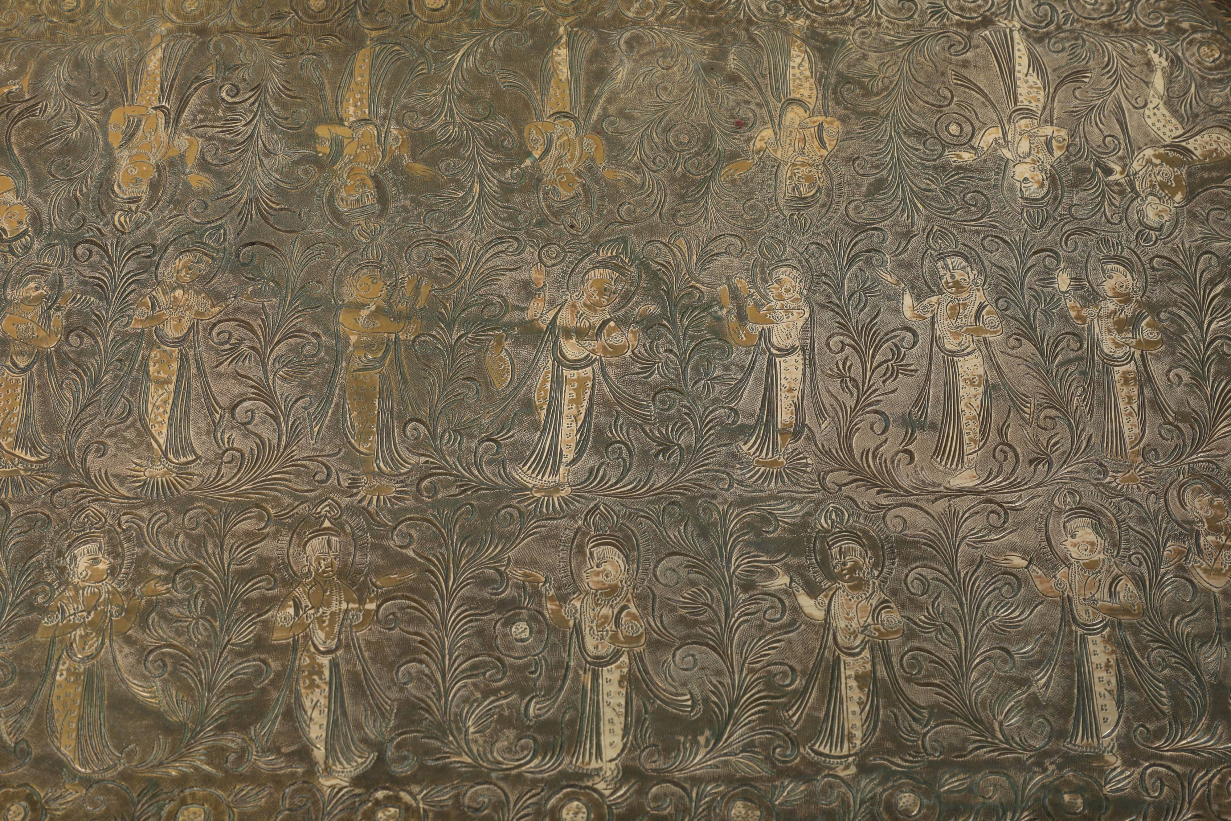 Agra Antique Indian Mughal Rectangular Engraved Brass Serving Tray