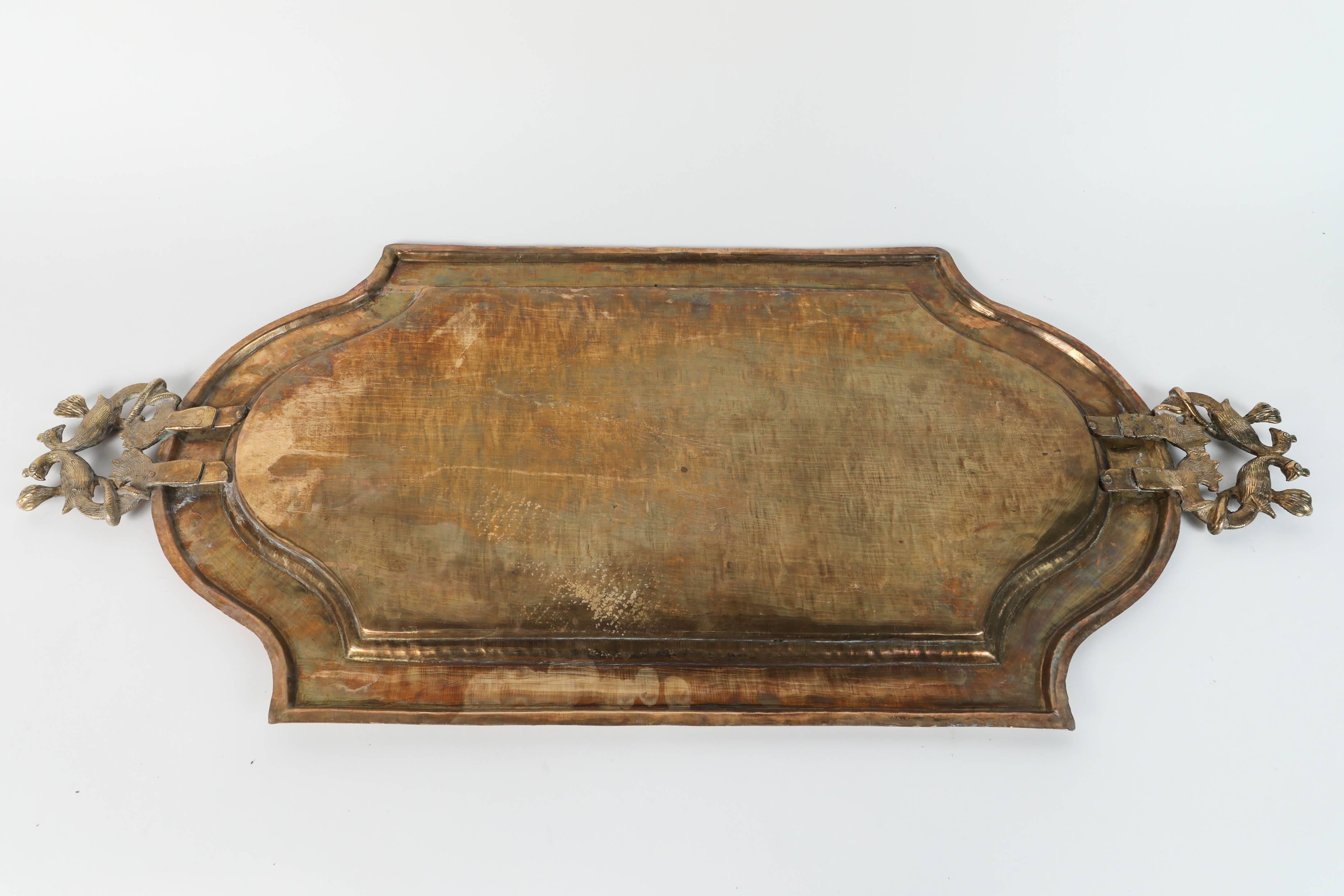 Antique Indian Mughal Rectangular Engraved Brass Serving Tray In Good Condition In North Hollywood, CA