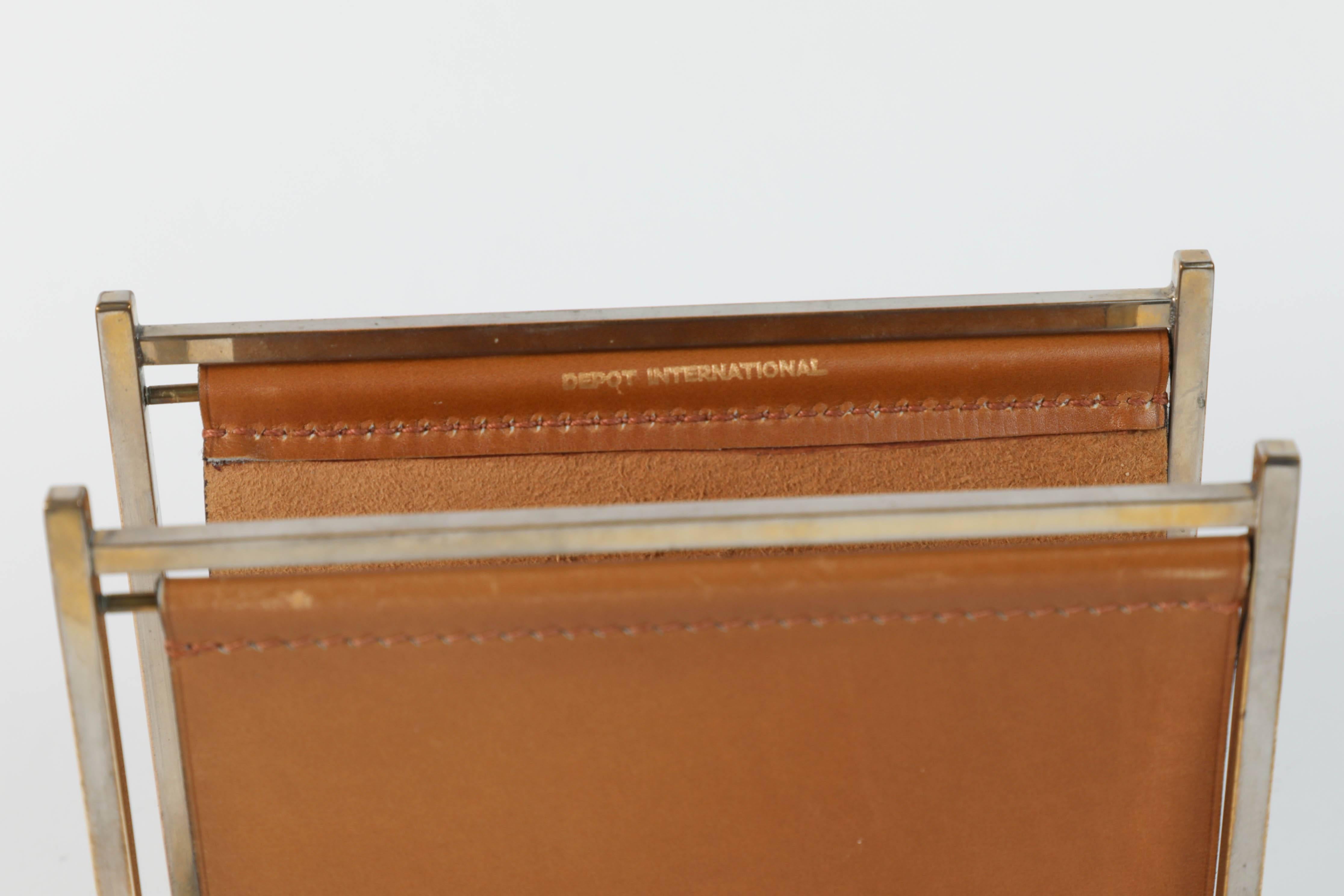 Post-Modern Delvaux Paris Leather and Brass Note Pad and Letter Rack Desk Set 