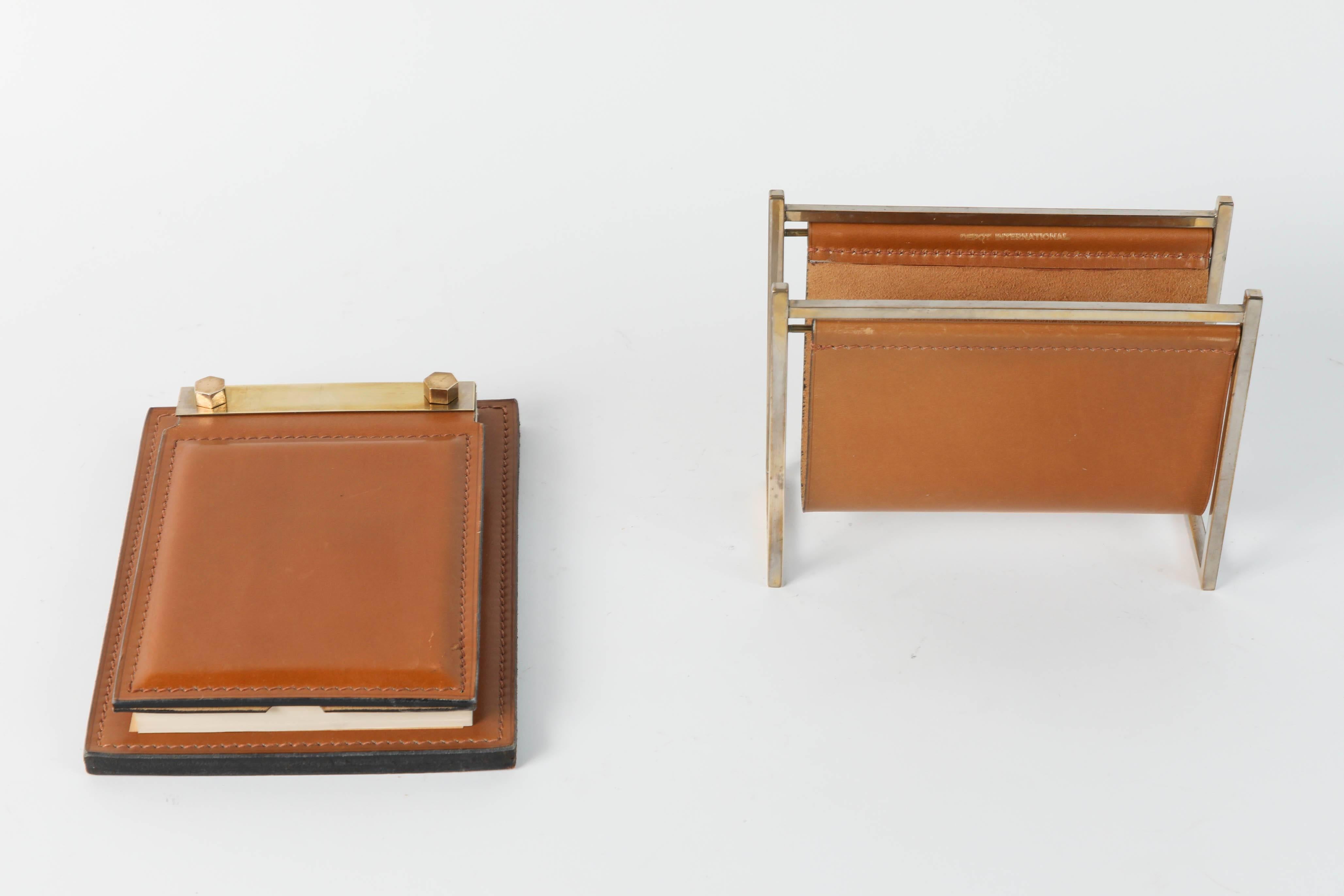 Delvaux Paris Leather and Brass Note Pad and Letter Rack Desk Set  In Good Condition In North Hollywood, CA