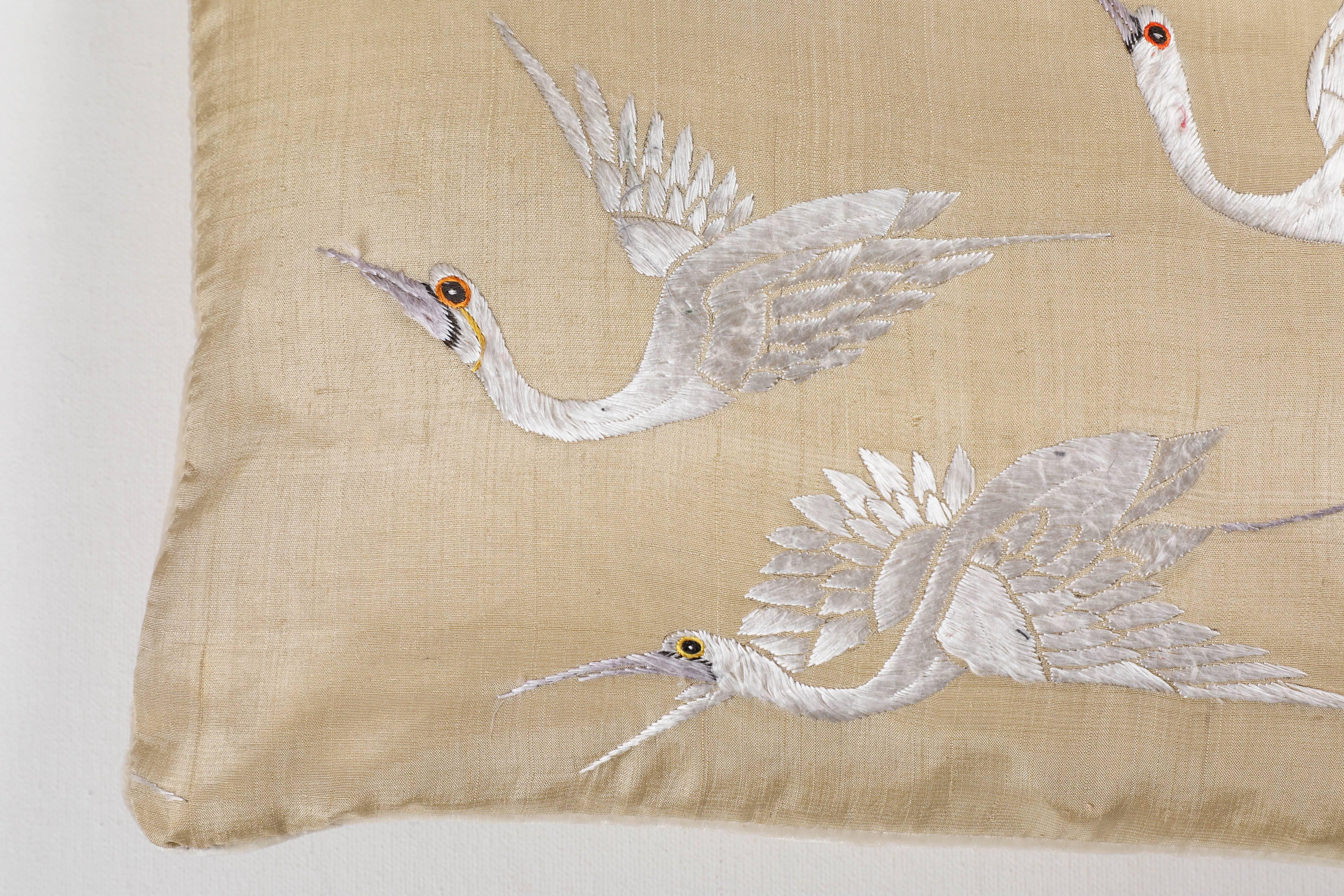 Vintage silk fabric with silk embroidered flying cranes. Silk velvet back. Invisible zipper and feather and down fill.