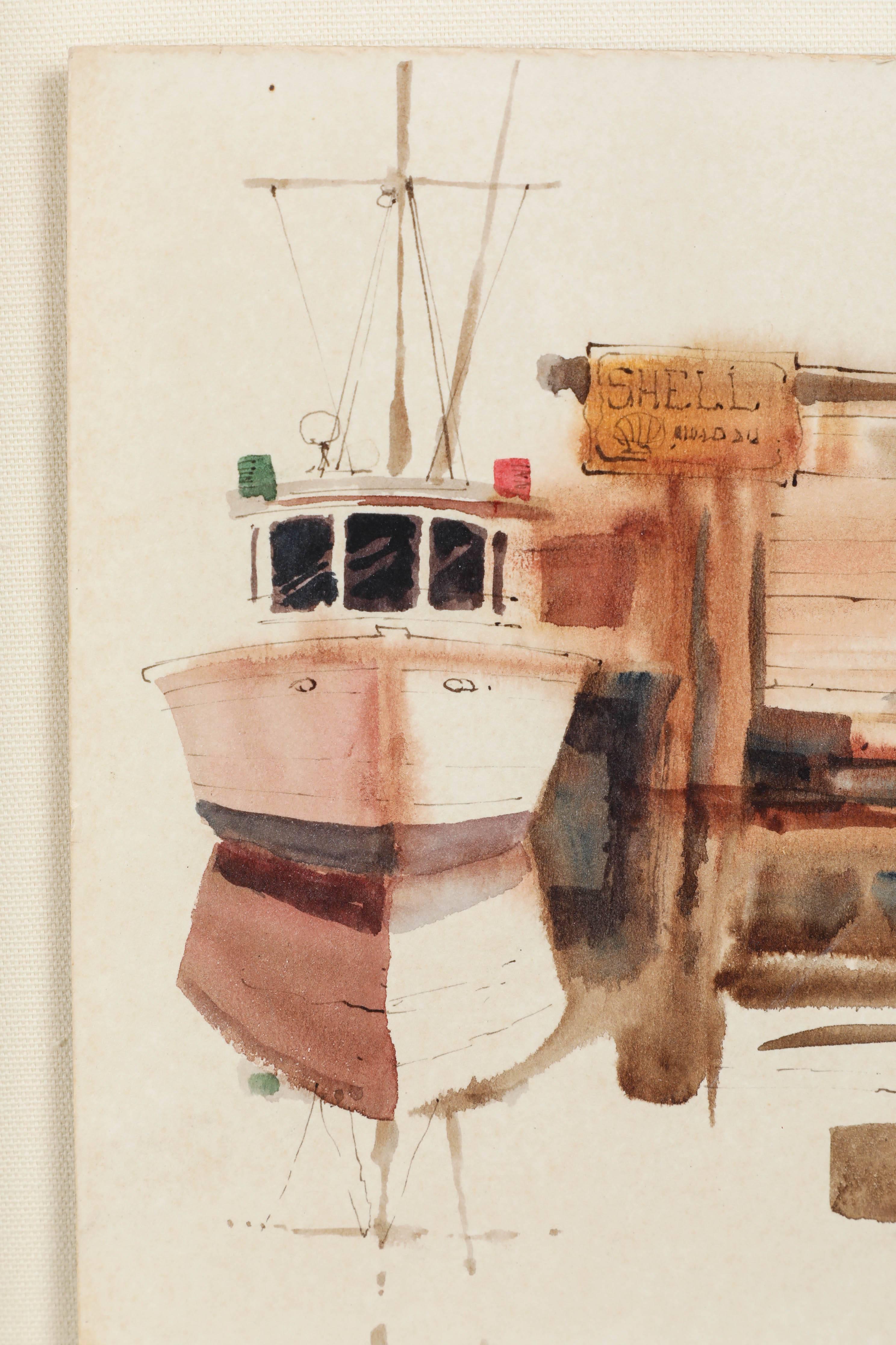 Painted Waterfront Watercolor by R. A Benson For Sale