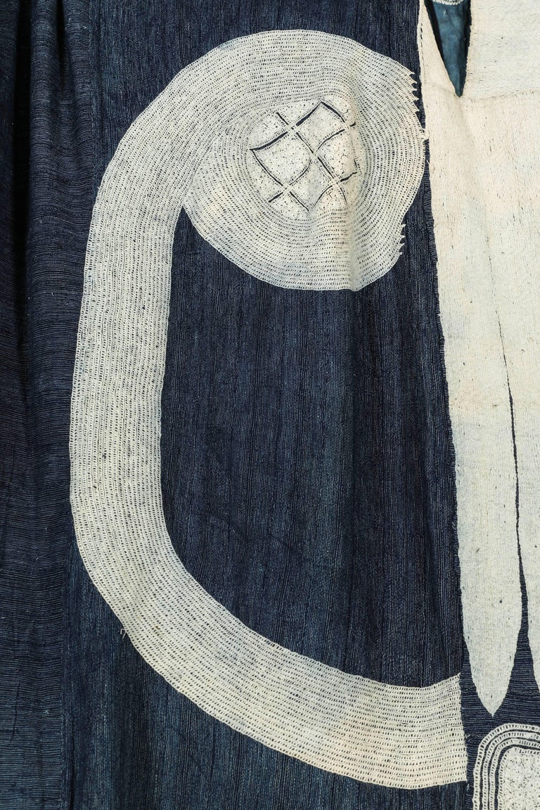 Vintage African Indigo Tunic with Chain Stitch Embroidery
