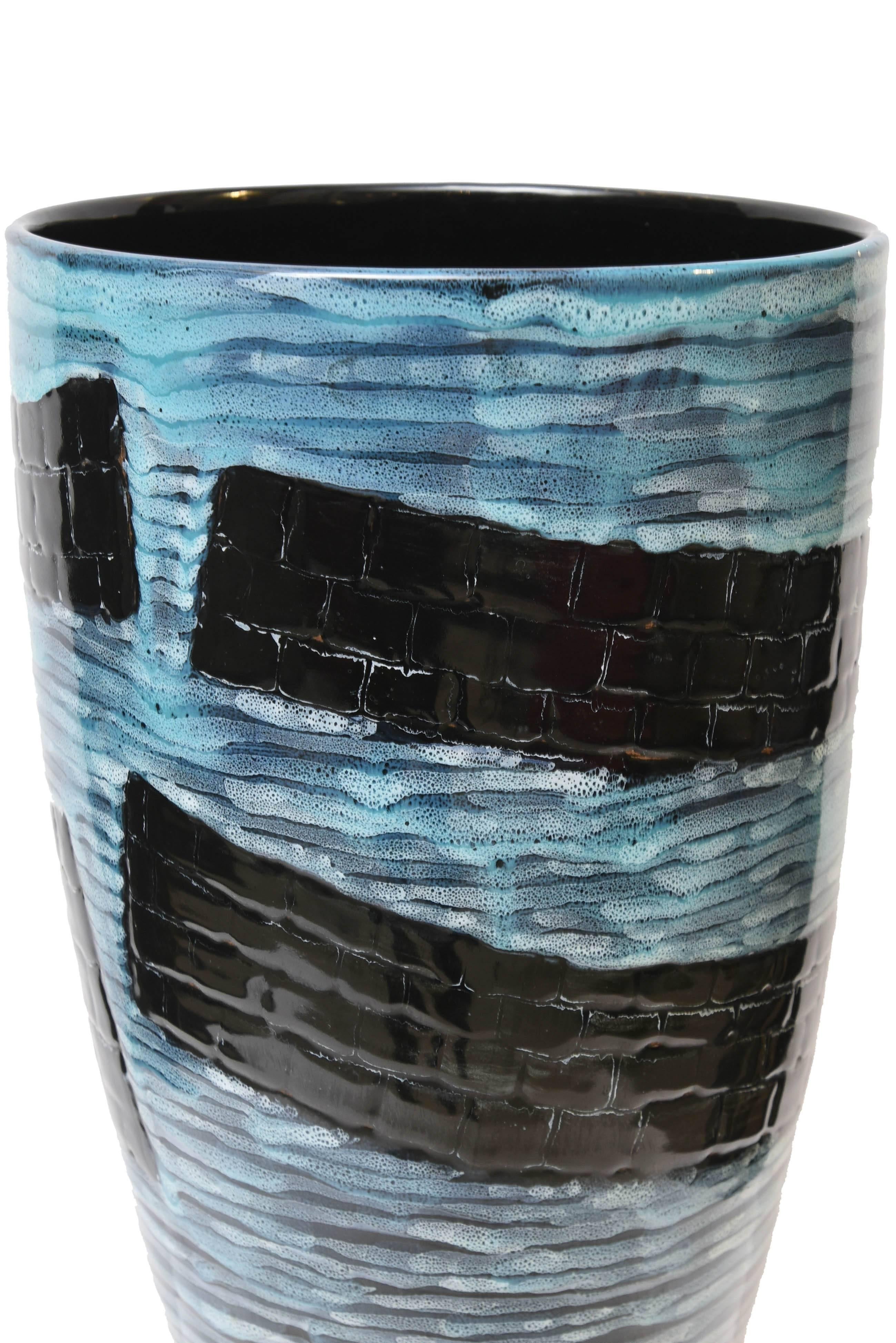 Italian San Polo Otello Rosa's Majolica Vase, Light Blue, White and Black Mosaic Pattern