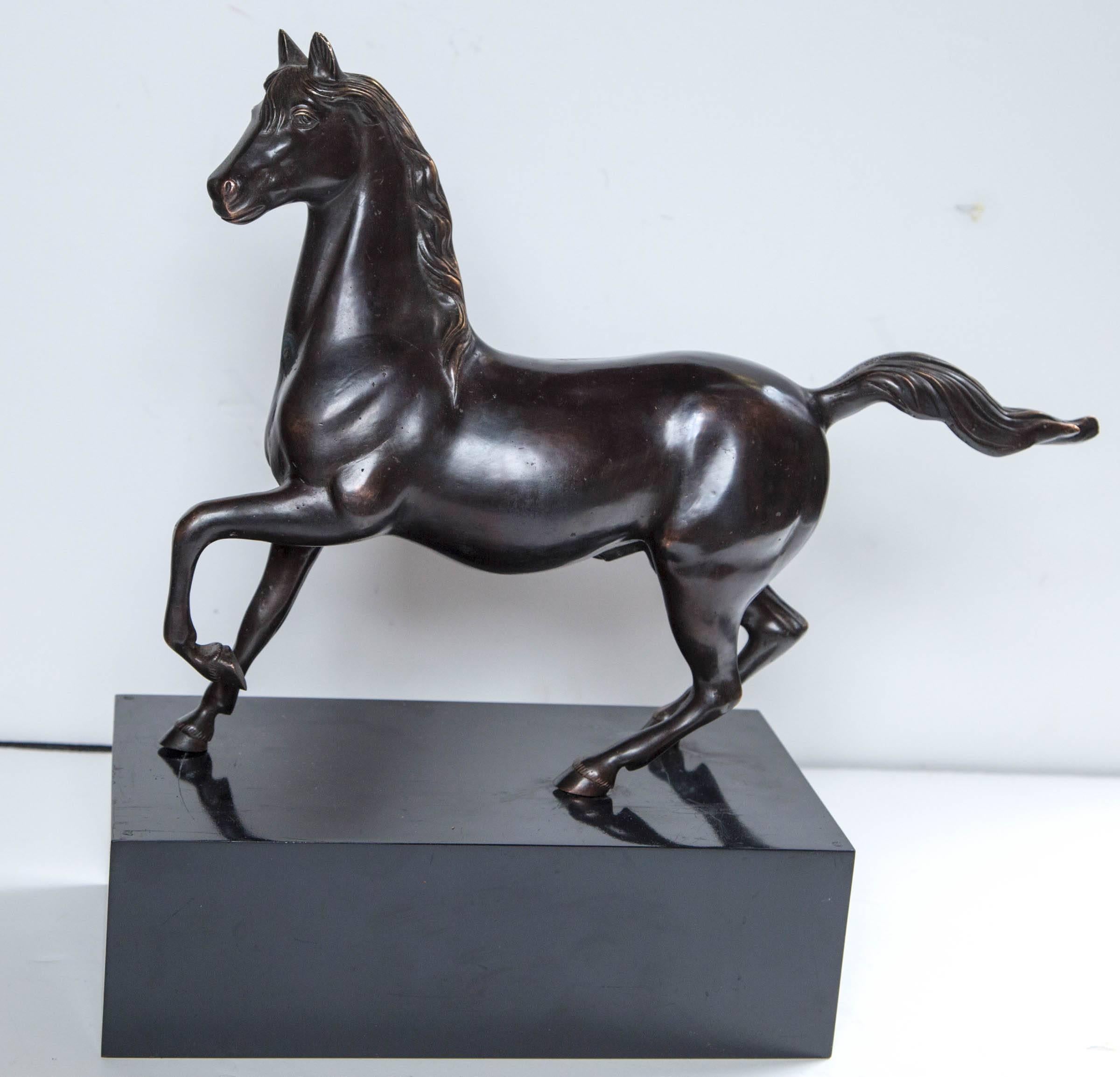 The horse is shown with front left leg up. Rich warm dark brown patina. Mounted on a separate black Lucite box. The dimensions, including the box are 15 tall, 16 wide (including the tail) and 6 deep. The dimensions below are of the horse only.