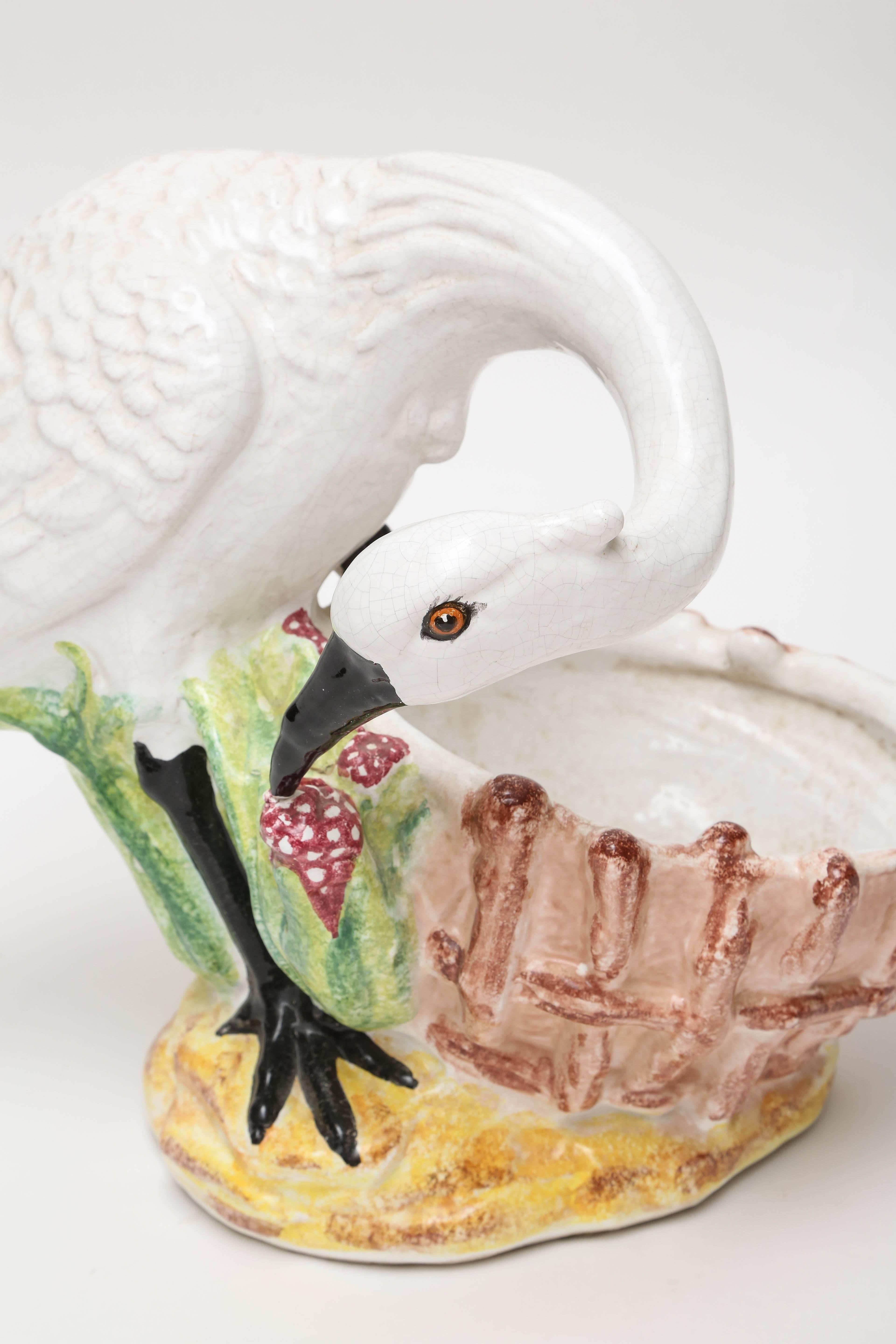 20th Century Italian Glazed Terra Cotta Stork Cache Pot