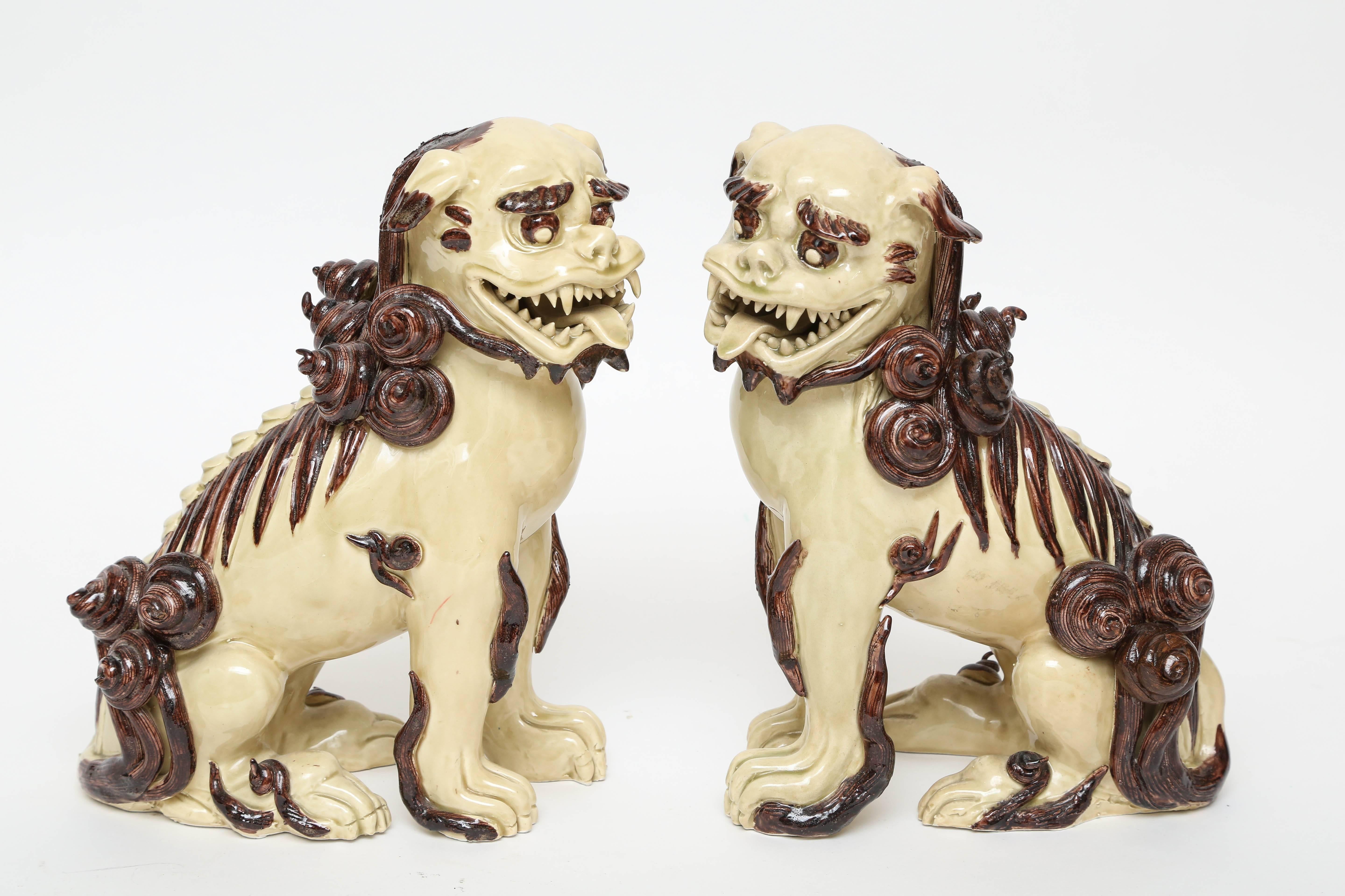 Pair of Glazed Terra Cotta Foo Dogs For Sale 1