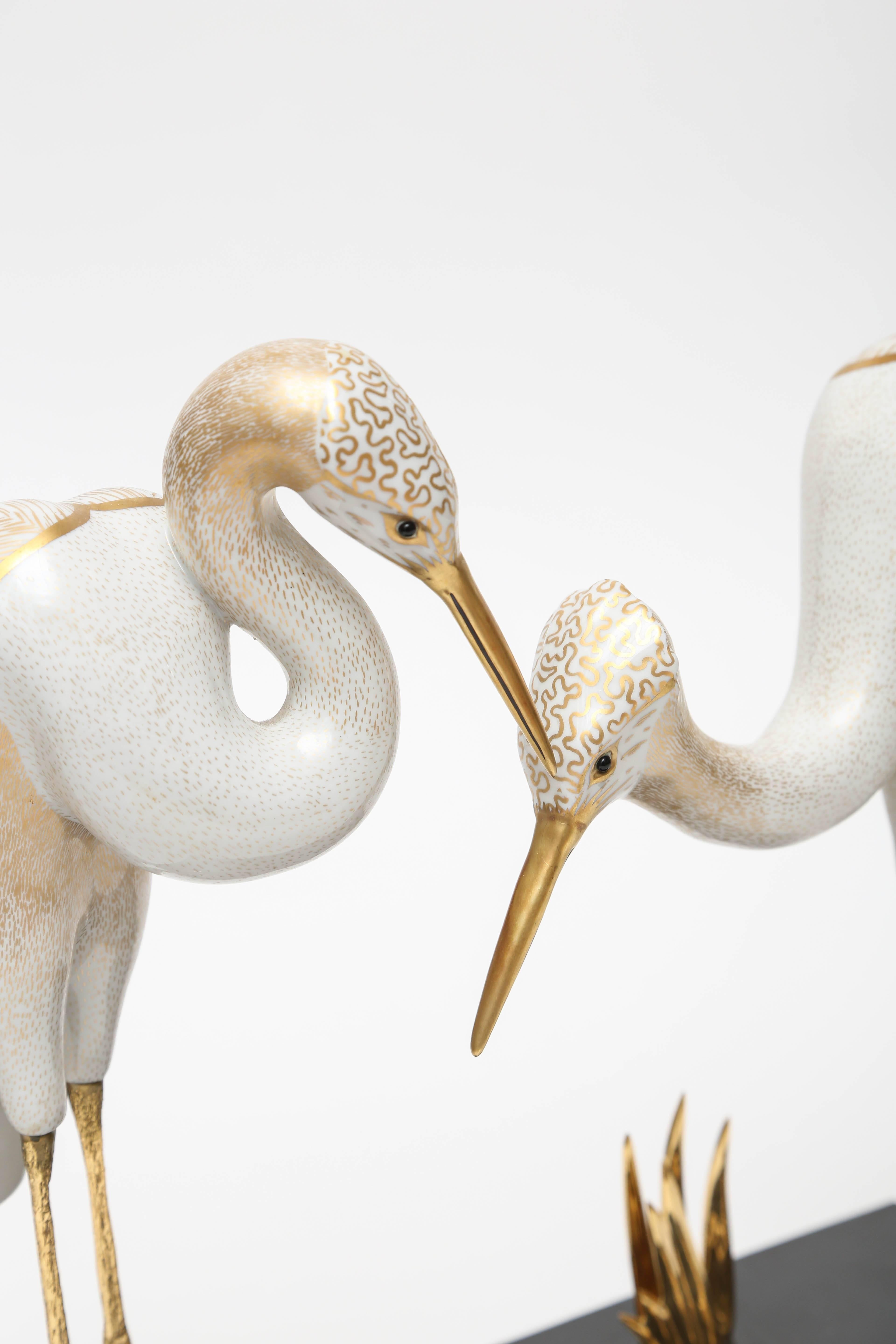 Italian Pair of Oggetti Porcelain Storks on Stand