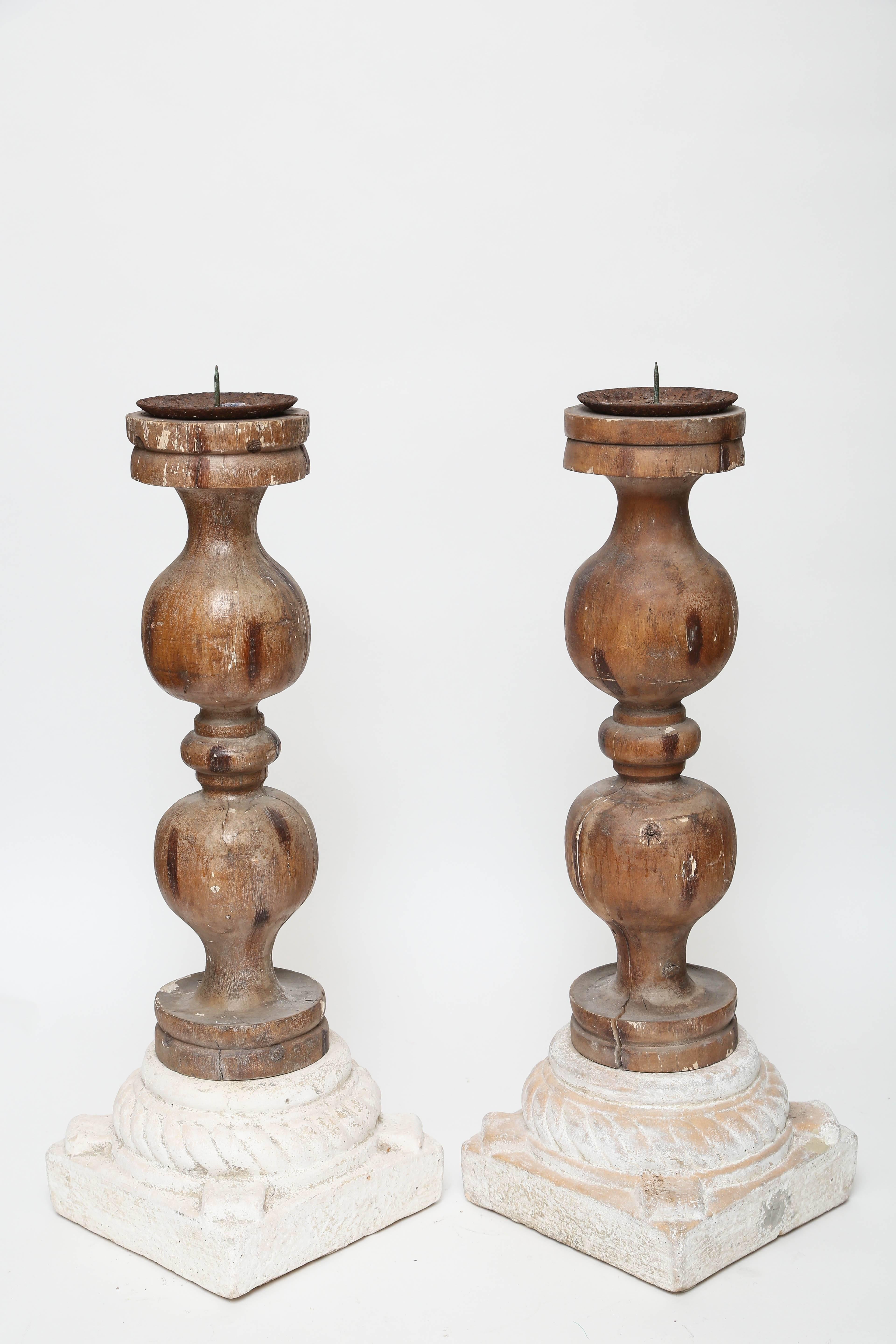 Pair of Architectural Wood and Stone Candlesticks In Good Condition For Sale In West Palm Beach, FL