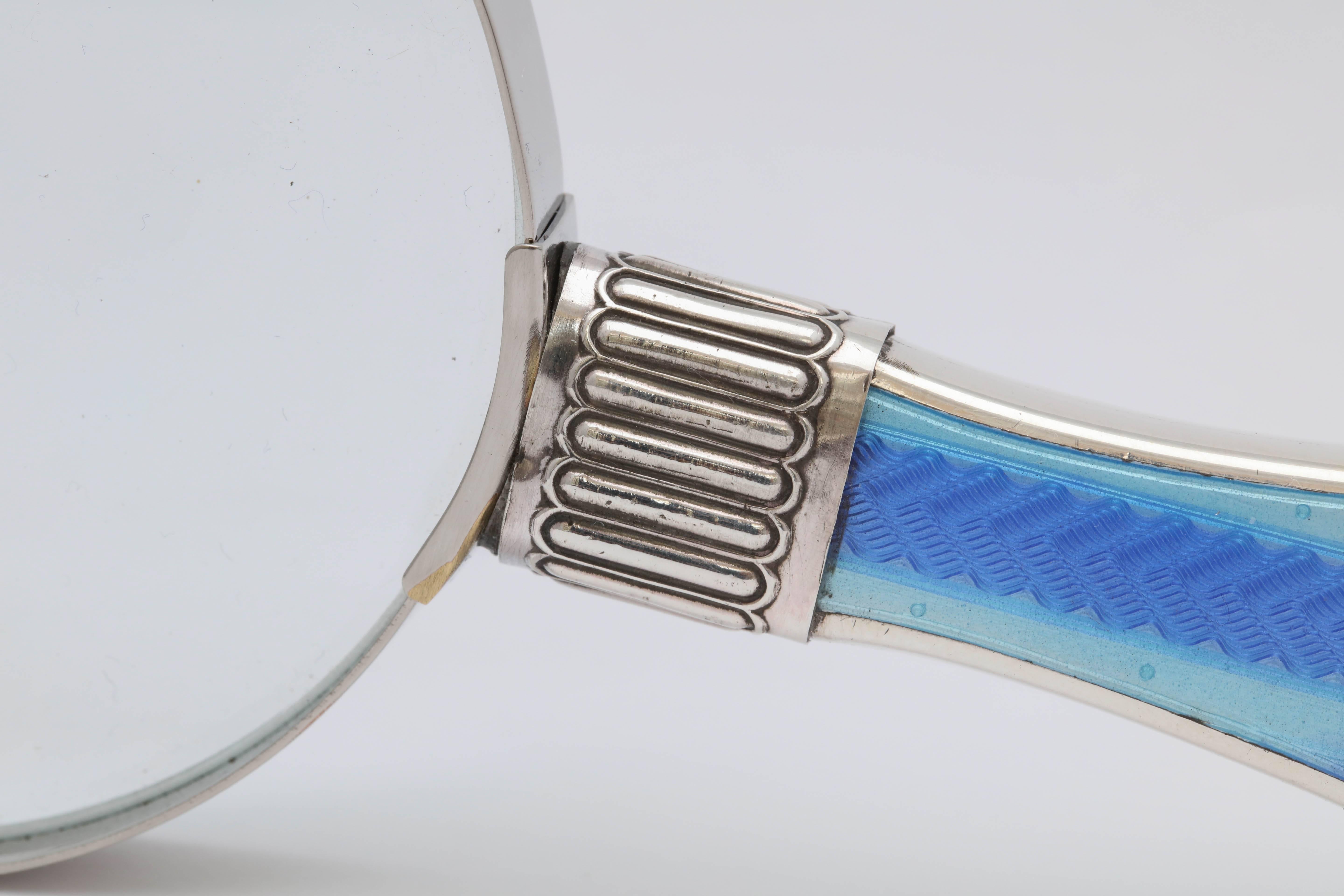 English Victorian Sterling Silver and Blue Guilloche Enamel Mounted Magnifying Glass