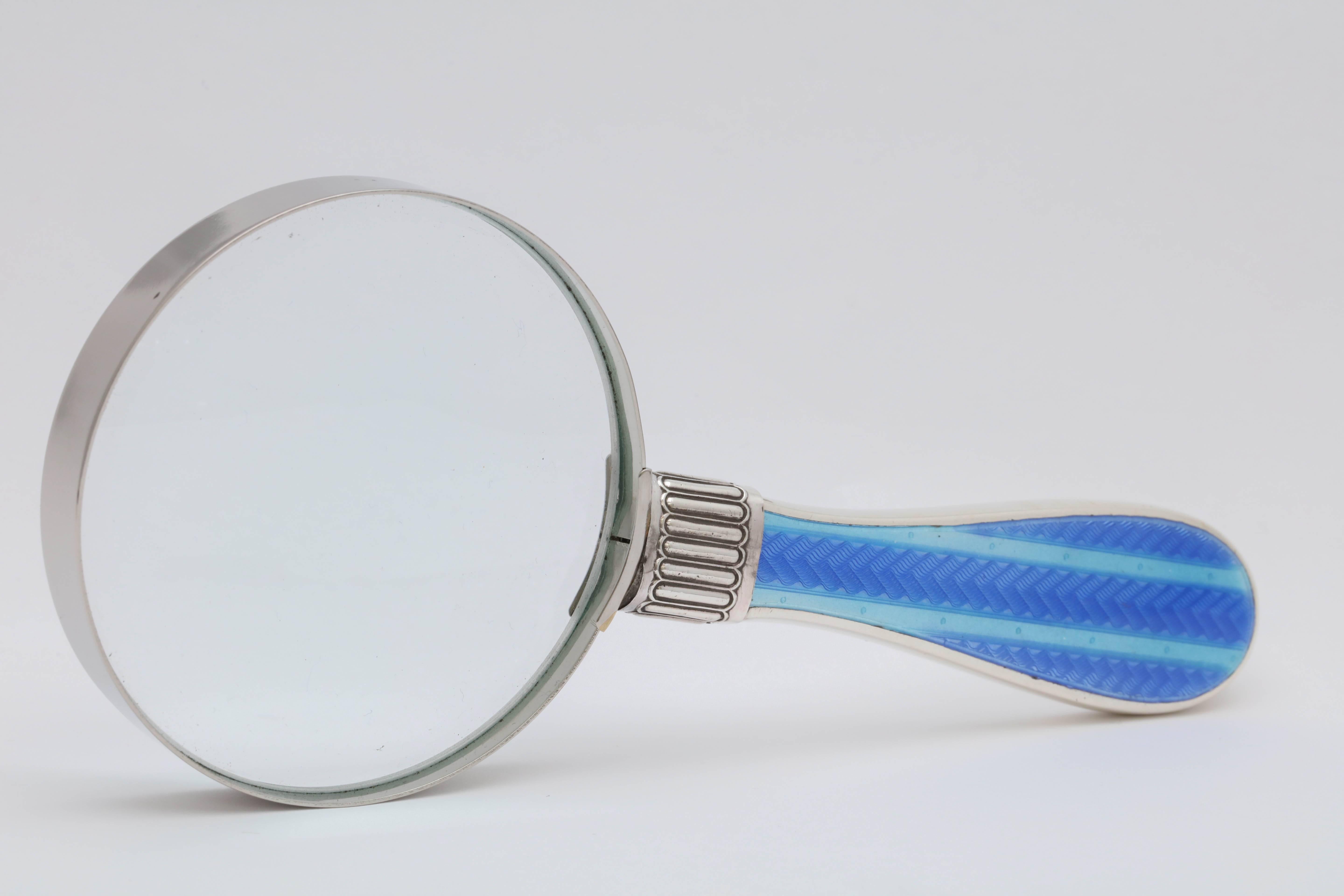 Victorian Sterling Silver and Blue Guilloche Enamel Mounted Magnifying Glass In Excellent Condition In New York, NY