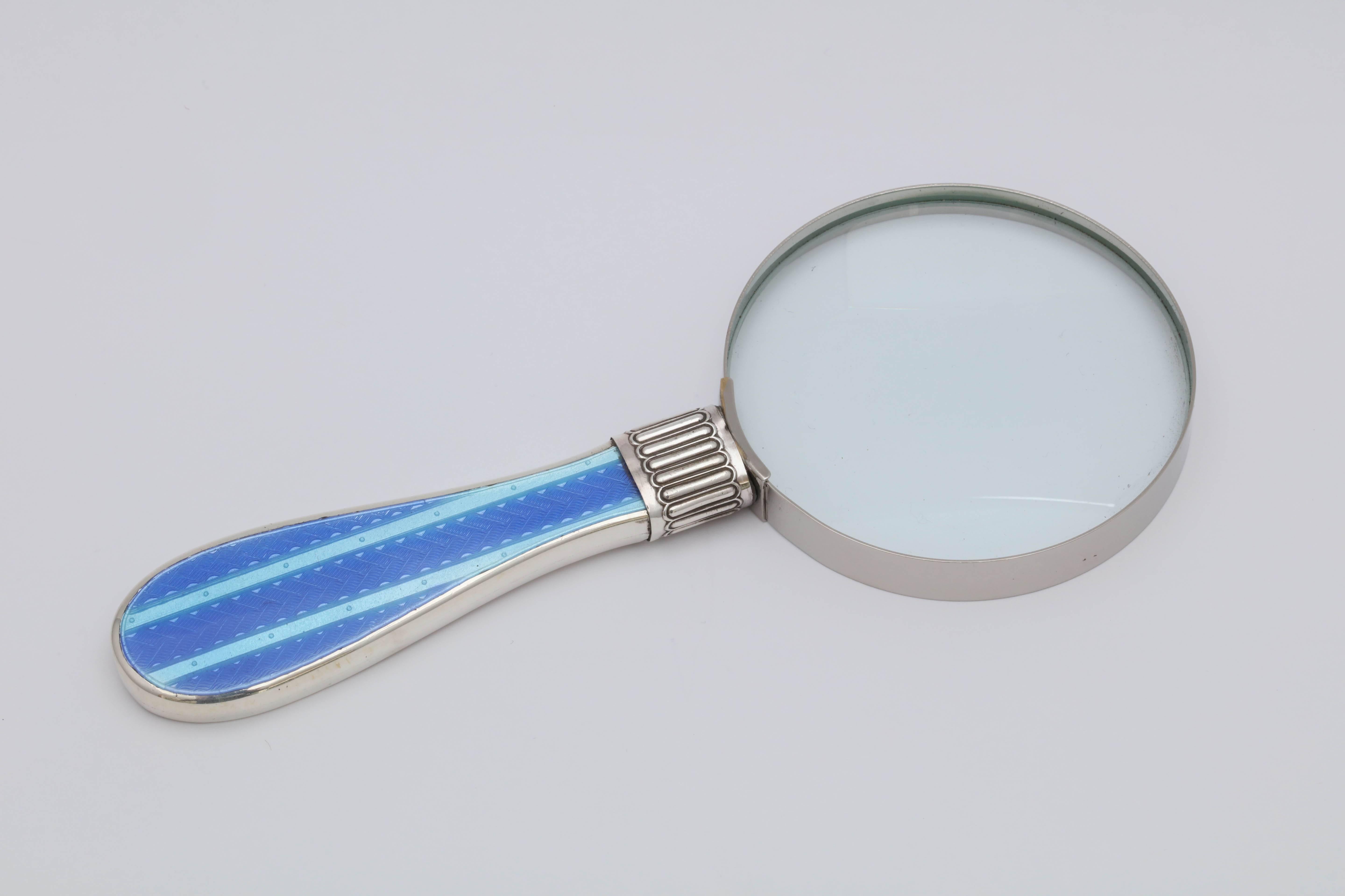 Victorian Sterling Silver and Blue Guilloche Enamel Mounted Magnifying Glass 2