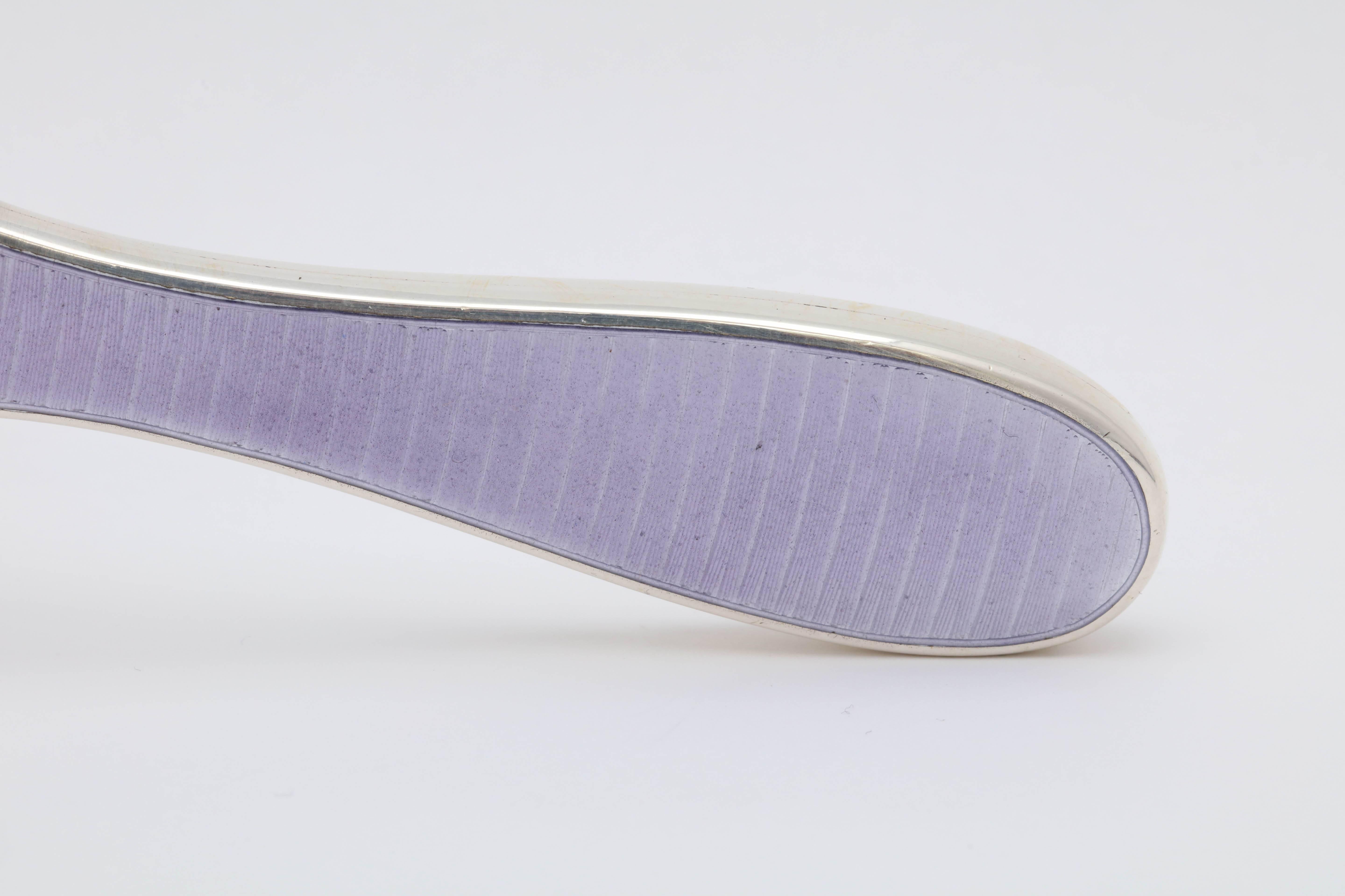 Lovely, Art Deco, sterling silver and deep lavender guilloche enamel-mounted magnifying glass, Sheffield, England, 1911, John Biggin - maker. Enamel is on one side of the sterling silver handle. Frame of glass itself is metal (for