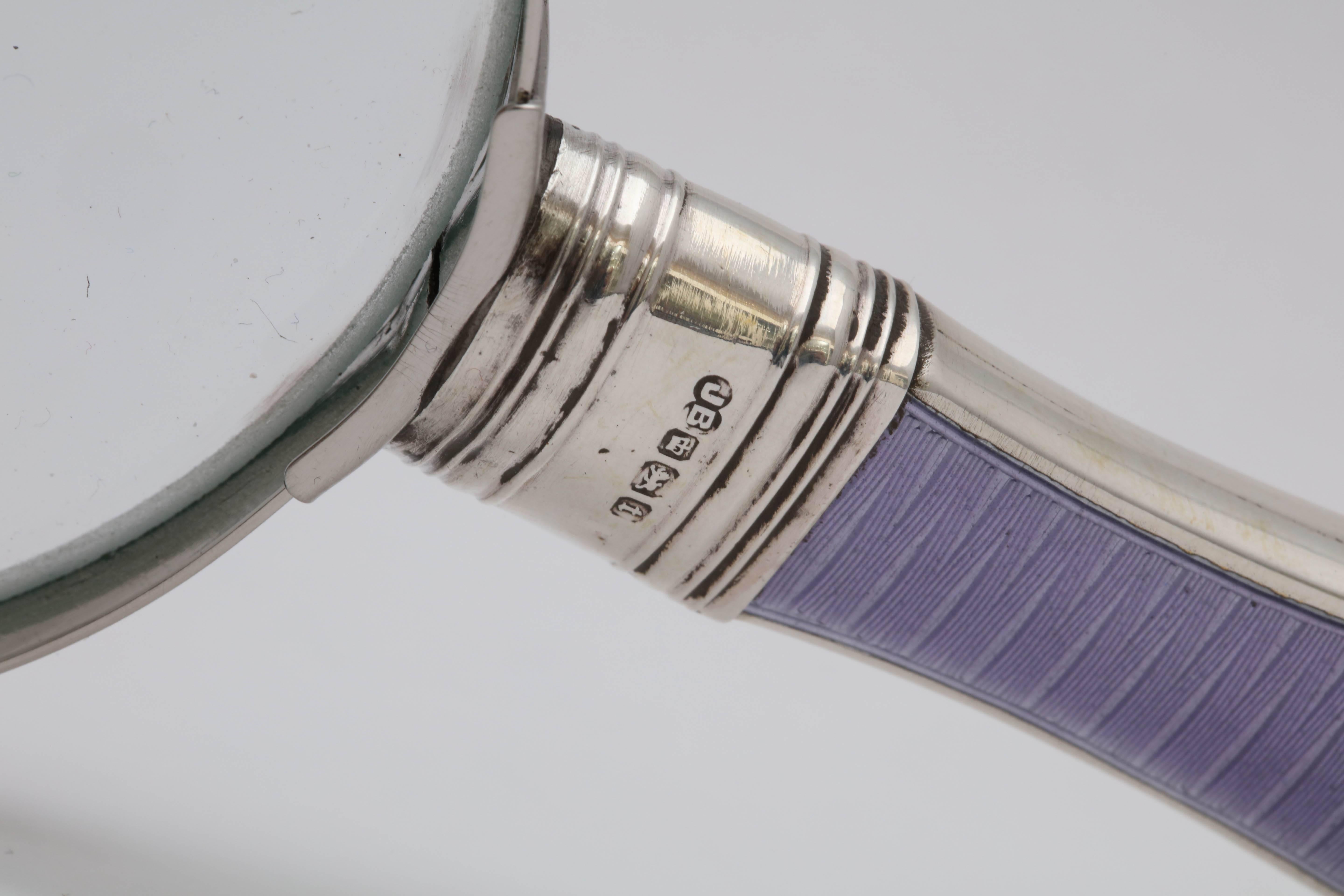 English Art Deco Sterling Silver and Lavender Guilloche Enamel-Mounted Magnifying Glass